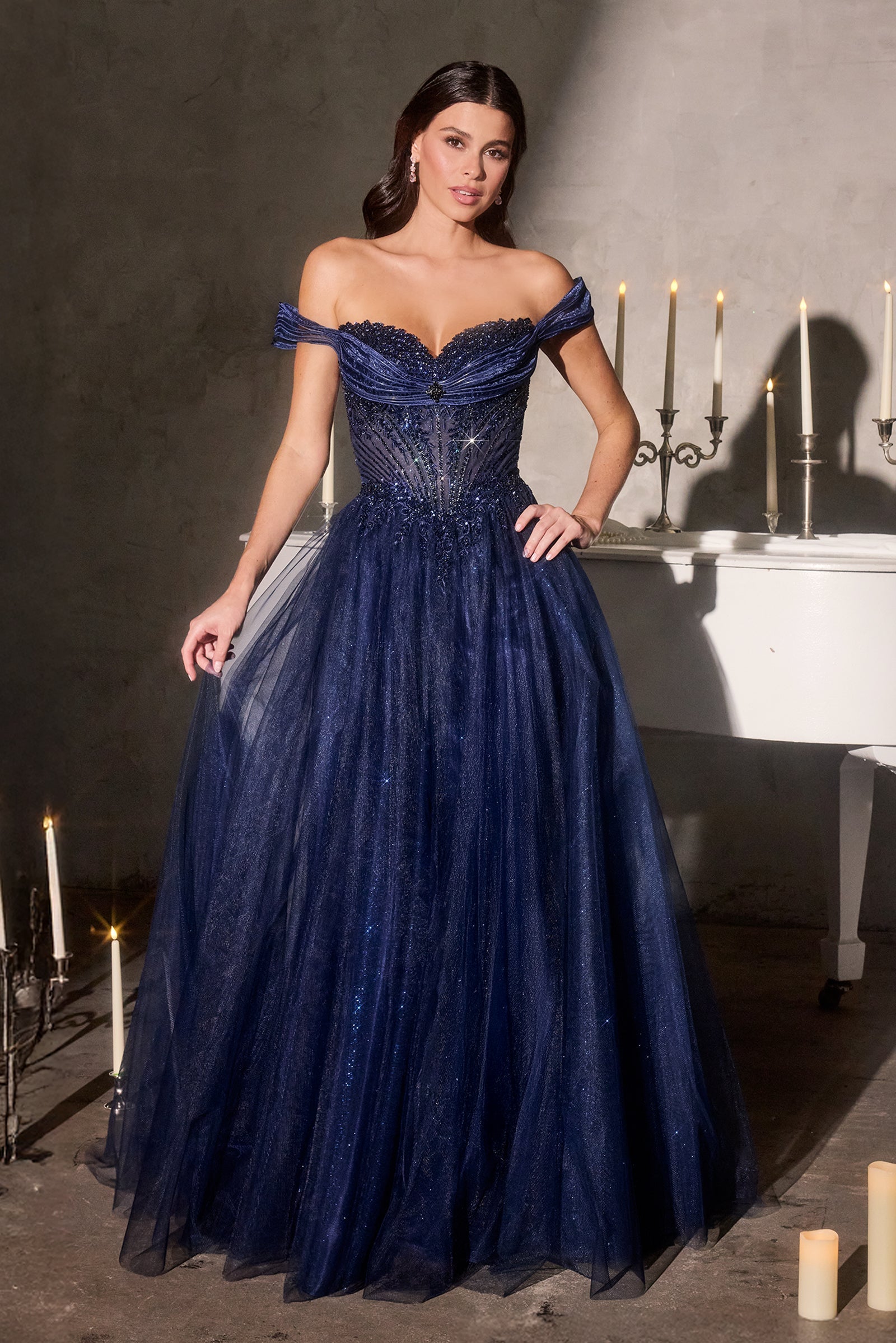 Glitter Off Shoulder A-line Gown by Ladivine CC493
