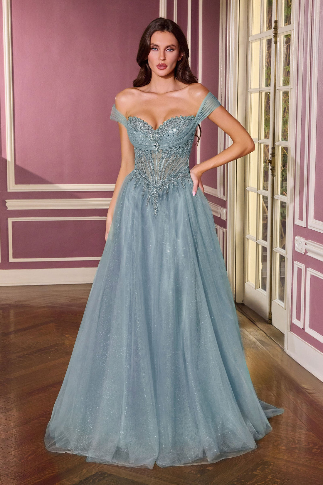 met glitter Off-the-Shoulder A-Line Gown | Ladivine by Cinderella Divine - Style LACC493
