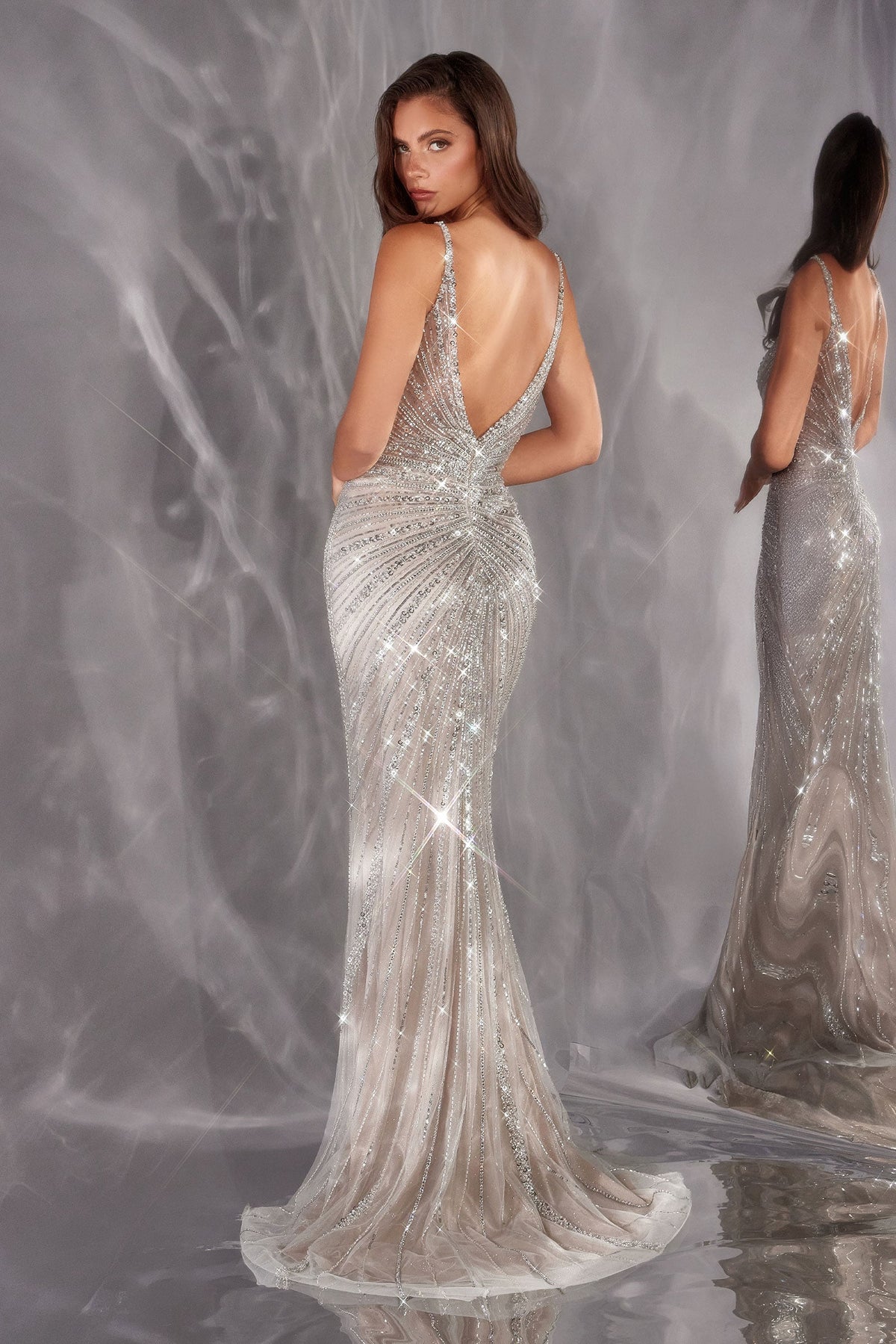 Beaded Mesh Sleeveless Slit Gown | Ladivine CC498