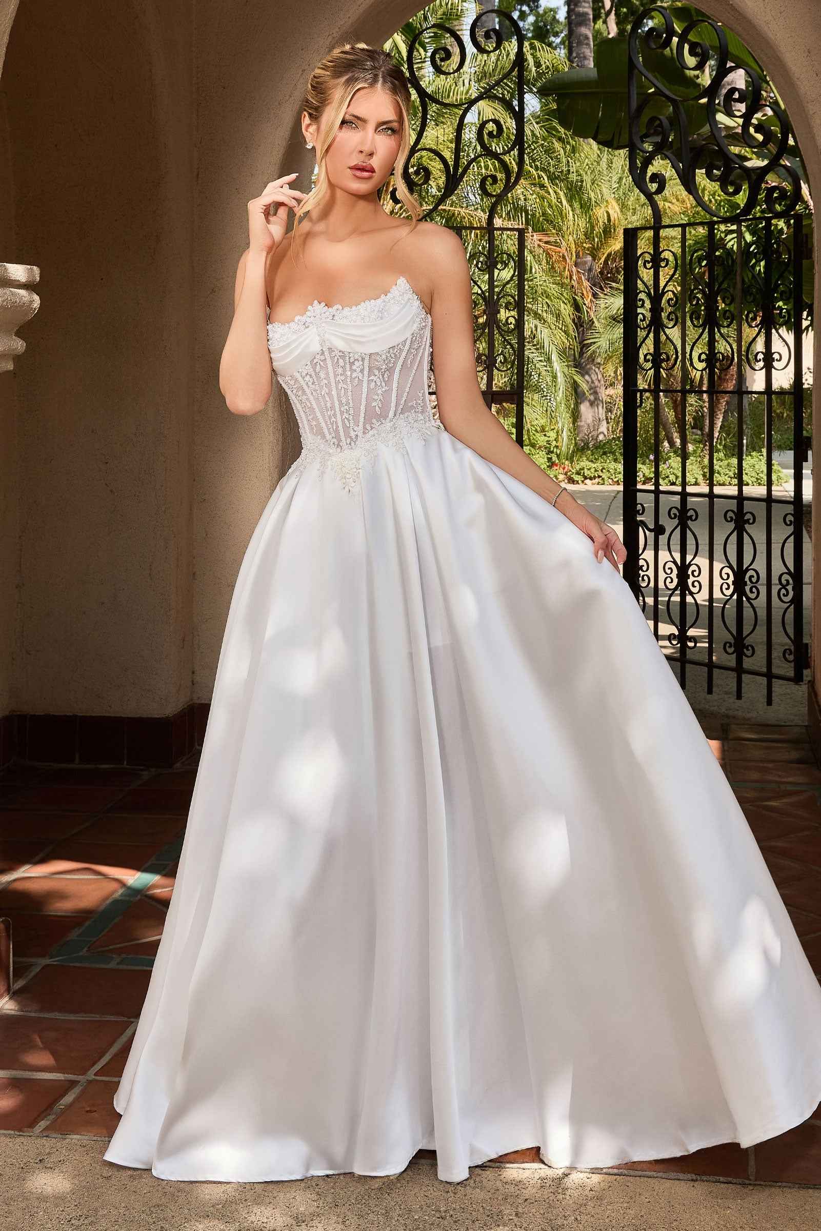 White Strapless Mikado Gown by Ladivine CC511W