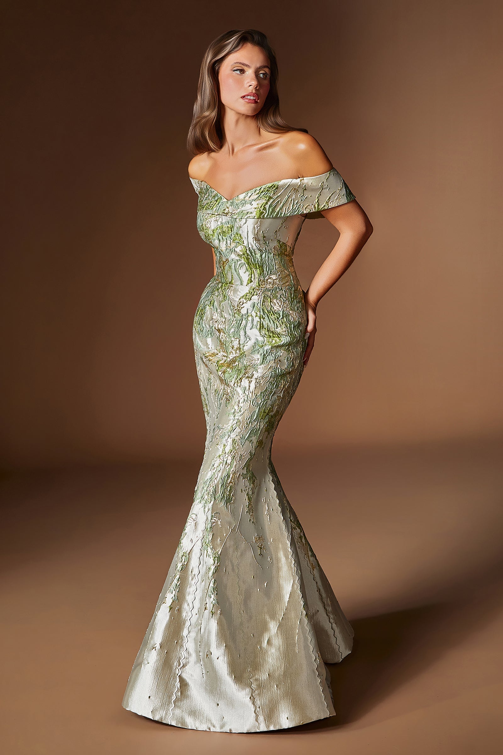 Jacquard Print Off Shoulder Gown by Ladivine CD0107
