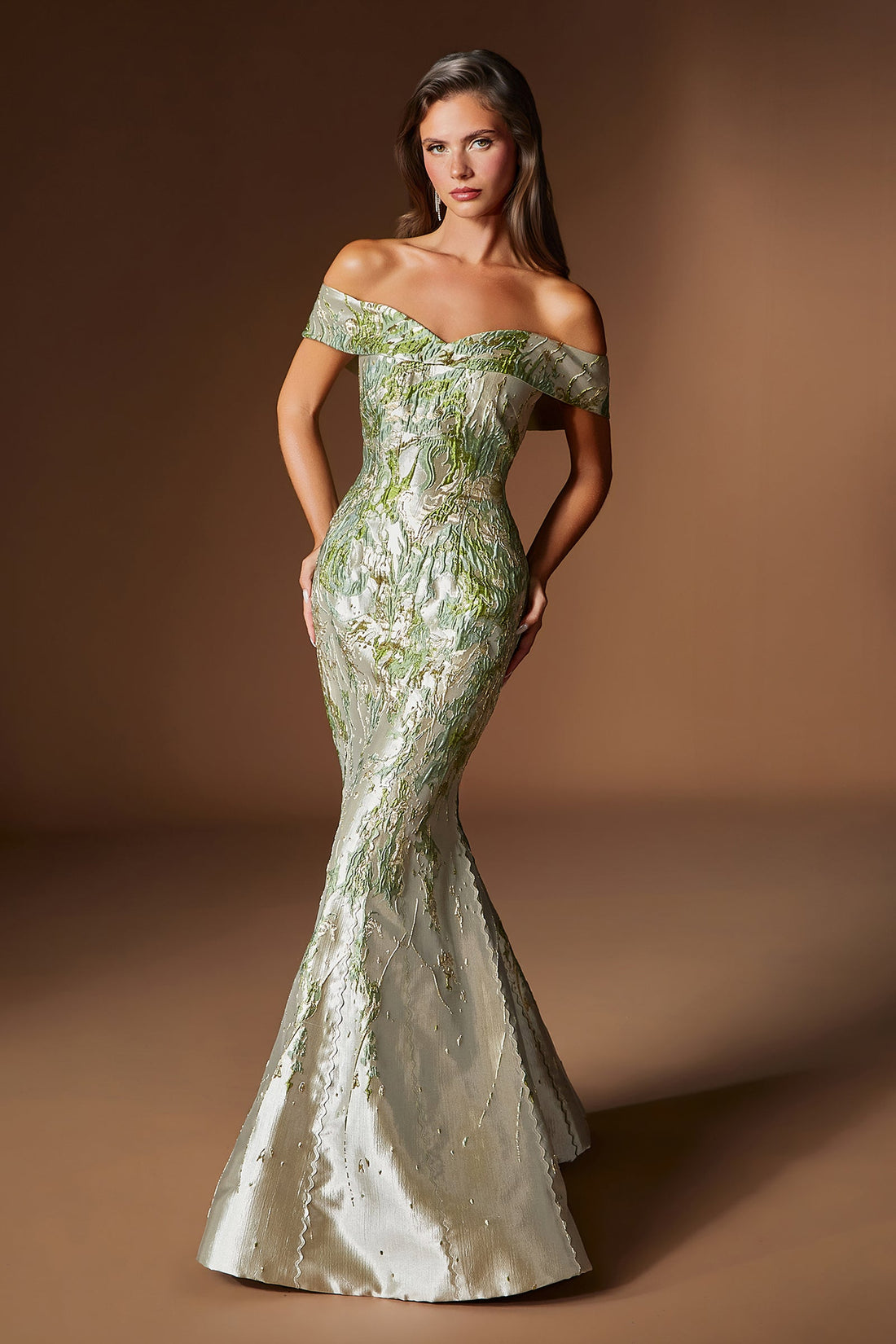 Jacquard Print Off Shoulder Gown by Ladivine CD0107