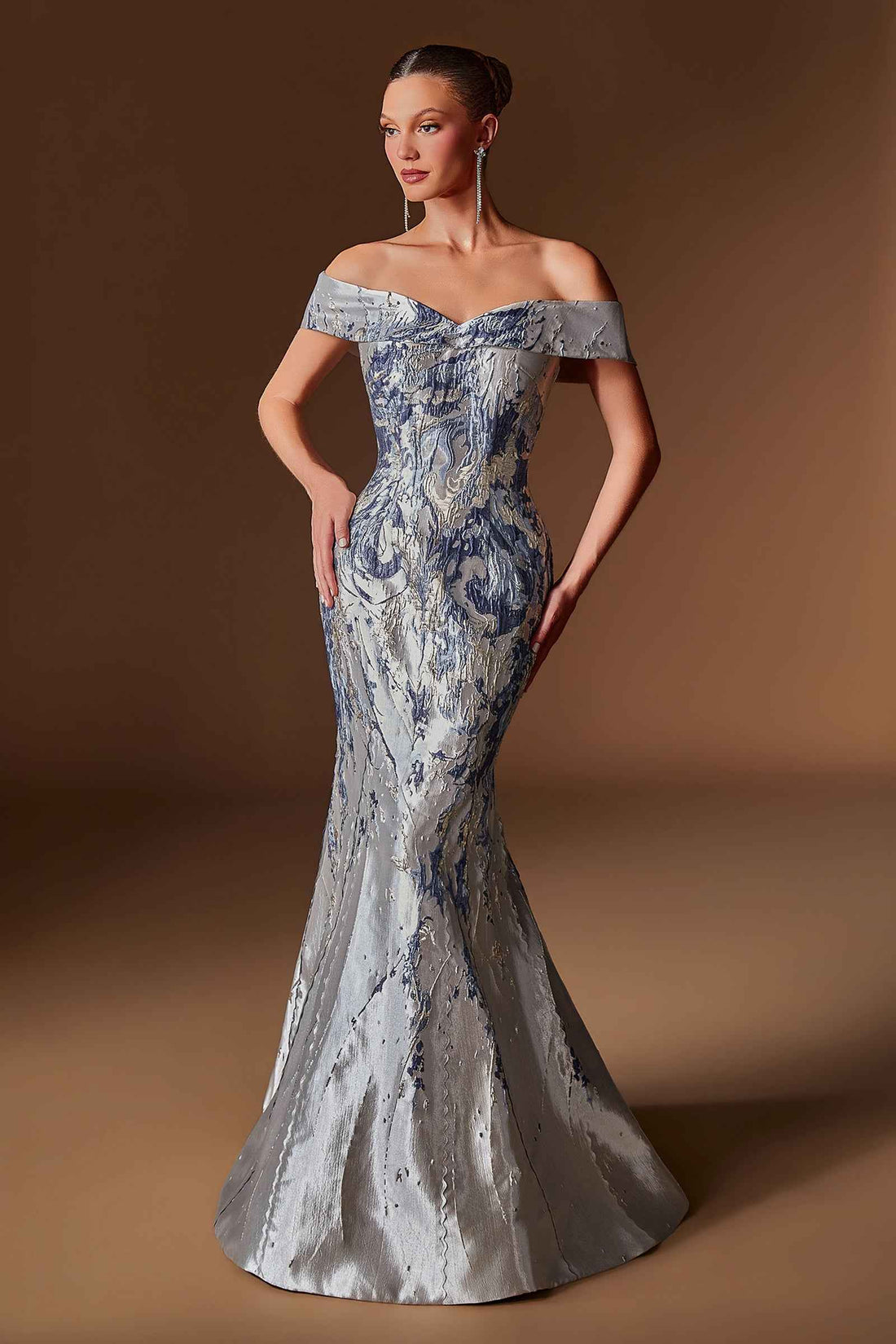Jacquard Print Off Shoulder Gown by Ladivine CD0107