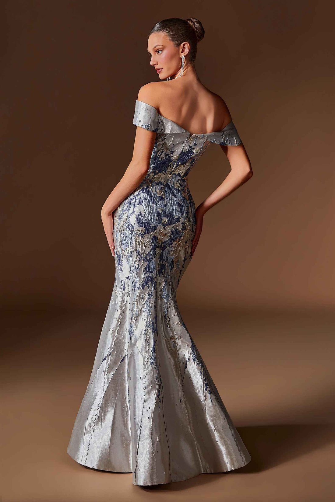 Jacquard Print Off Shoulder Gown by Ladivine CD0107