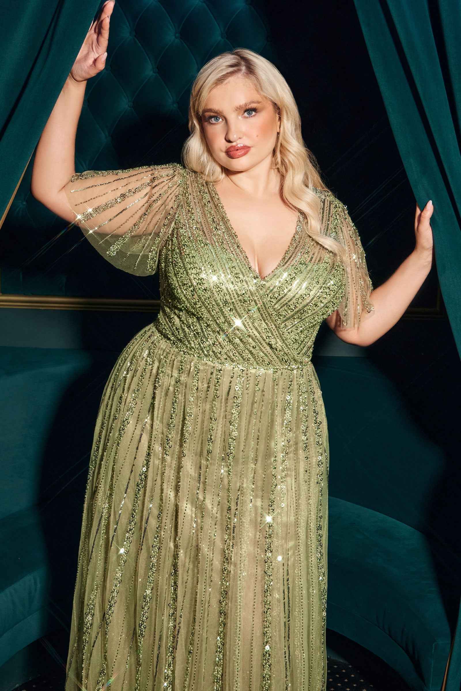 Beaded Short Sleeve A-line Gown by Ladivine CD0241