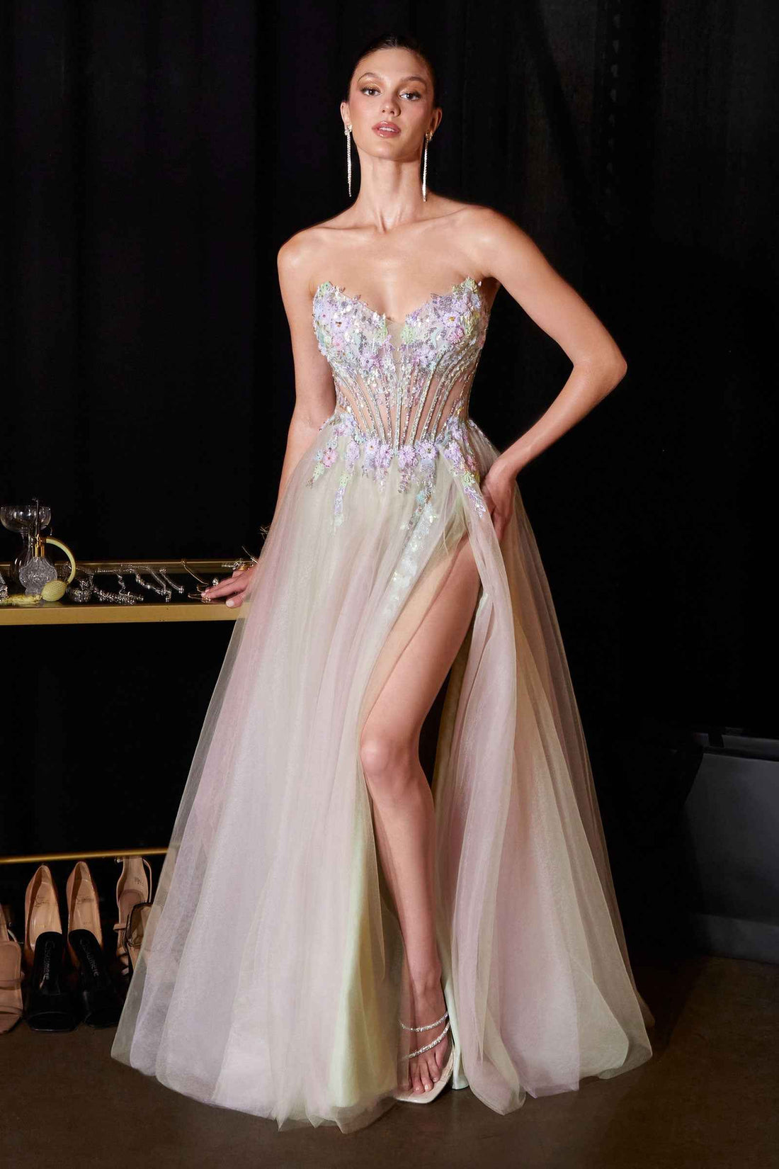 Applique Strapless A-line Slit Gown by Ladivine CD2418