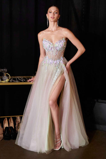 Applique Strapless A-line Slit Gown by Ladivine CD2418