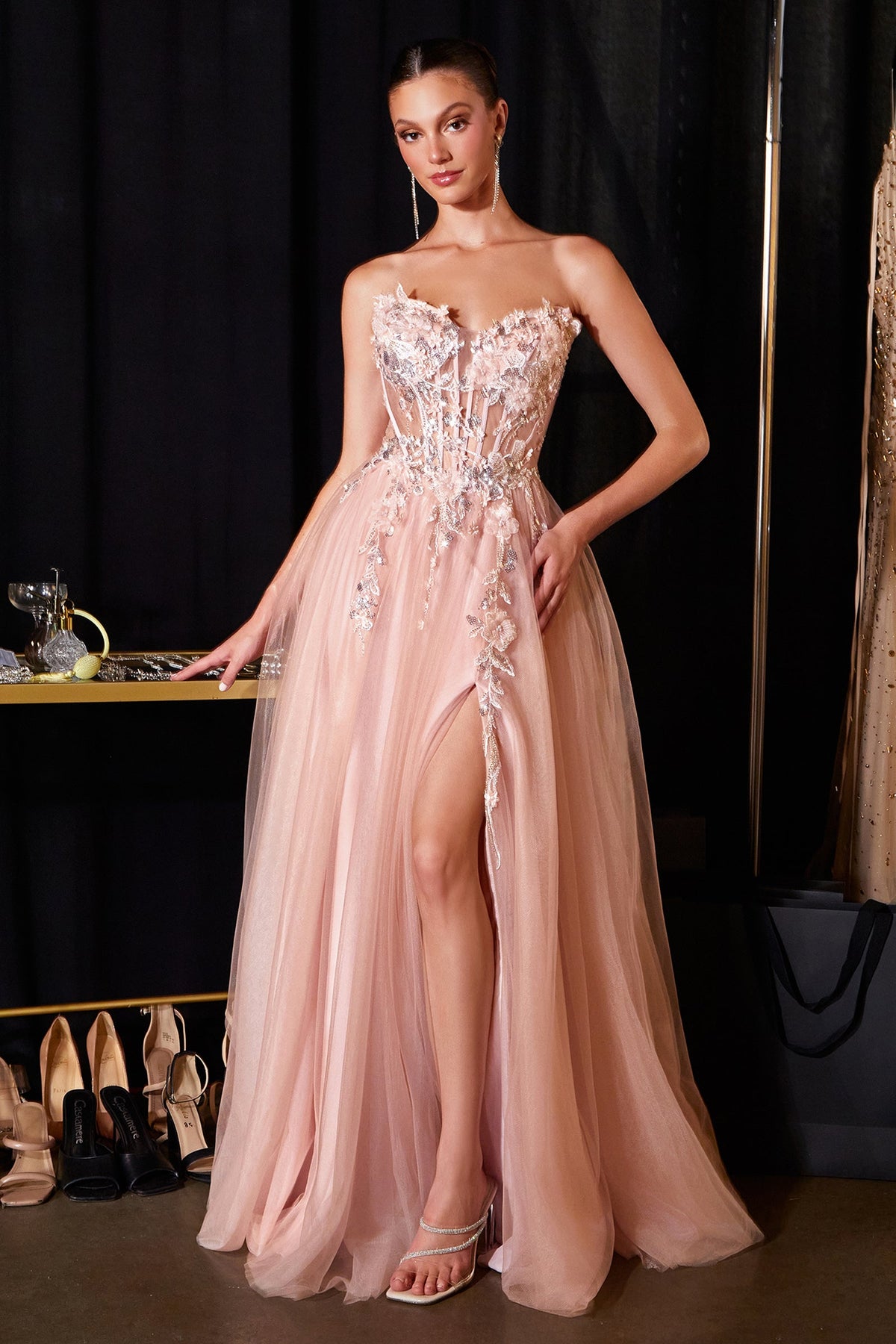 Applique Strapless A-Line Slit Gown | Ladivine CD2426