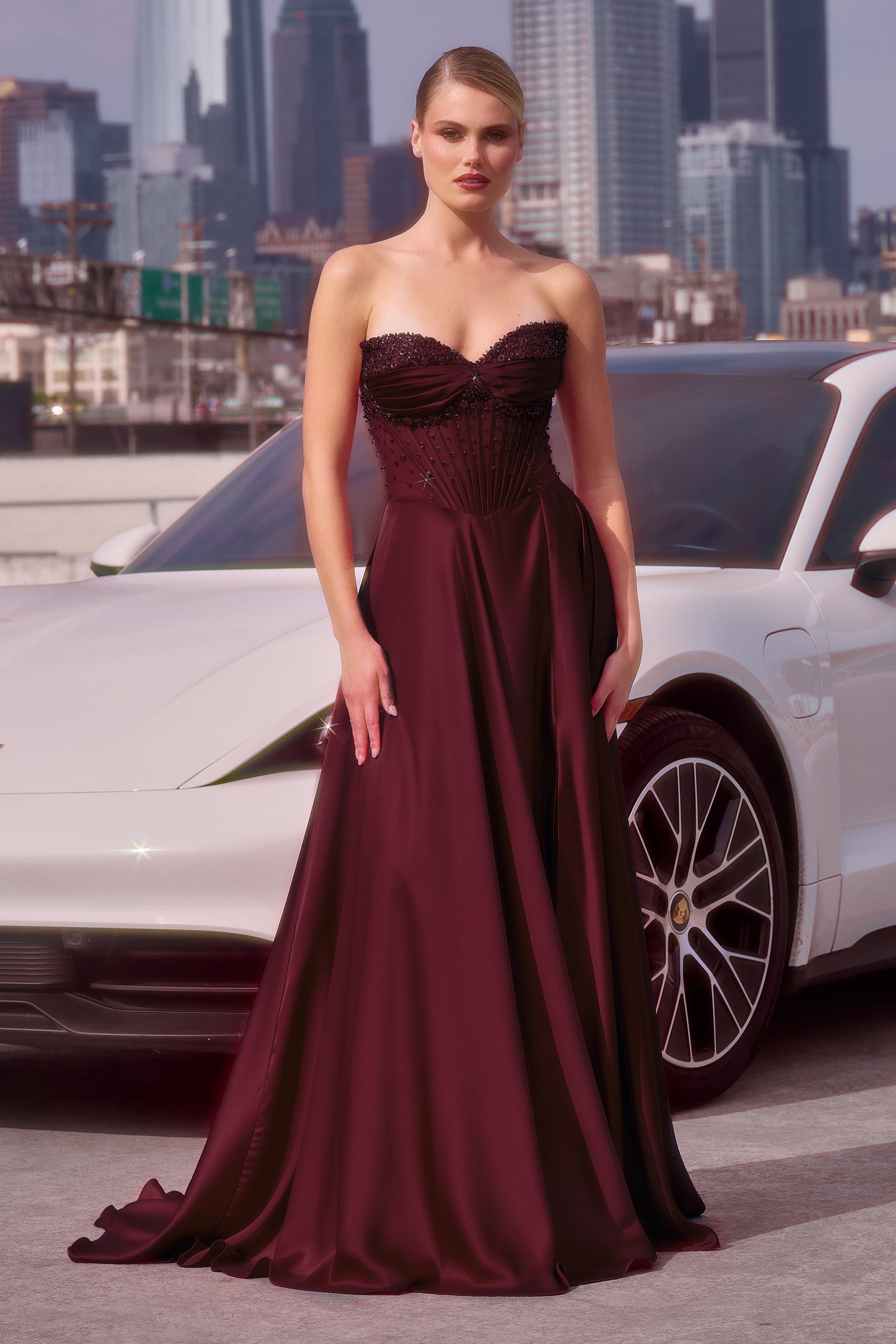 Satin Off Shoulder A-line Slit Gown by Ladivine CD297 Cinderella Divine