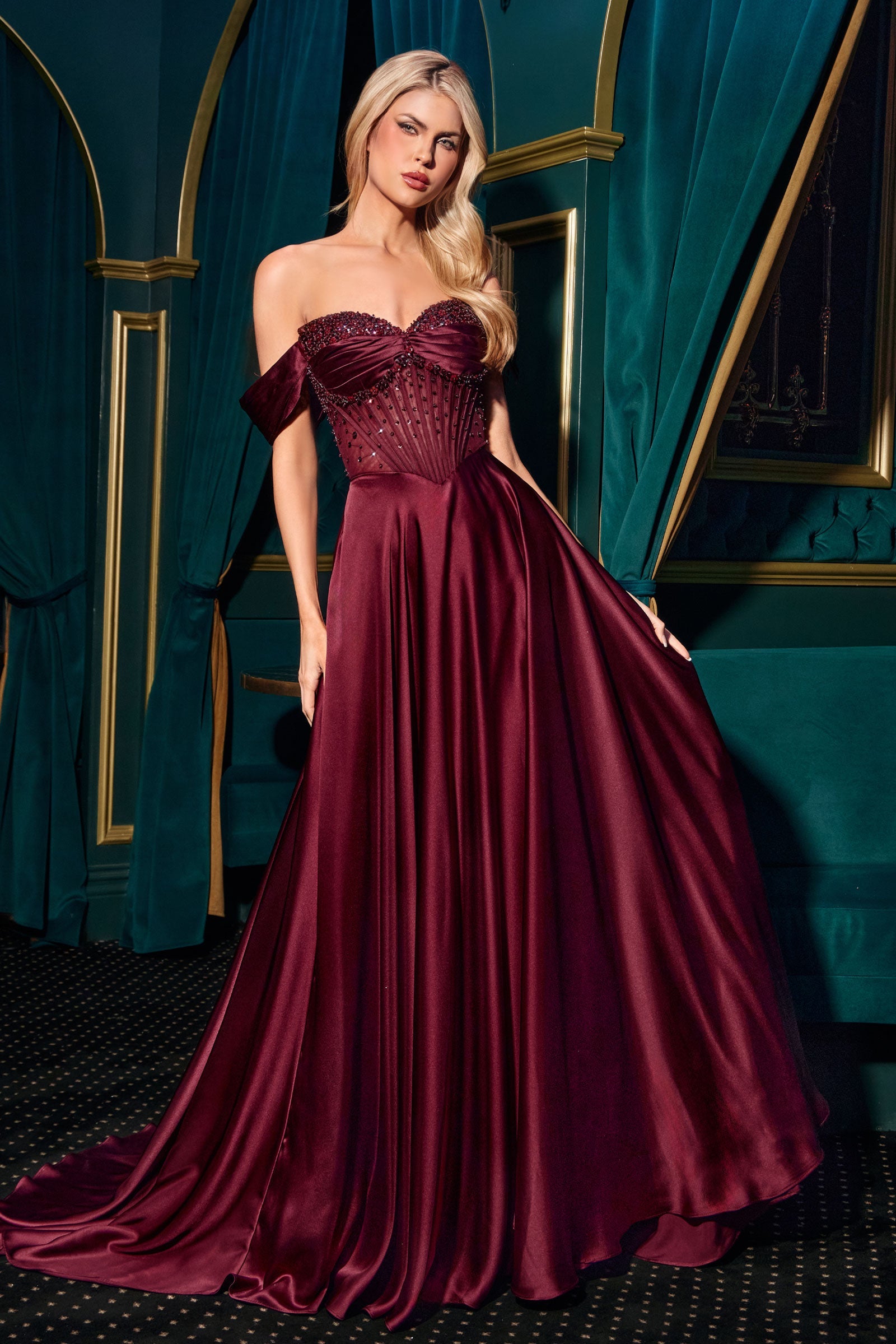 Satin Off Shoulder A-line Slit Gown by Ladivine CD297 Cinderella Divine