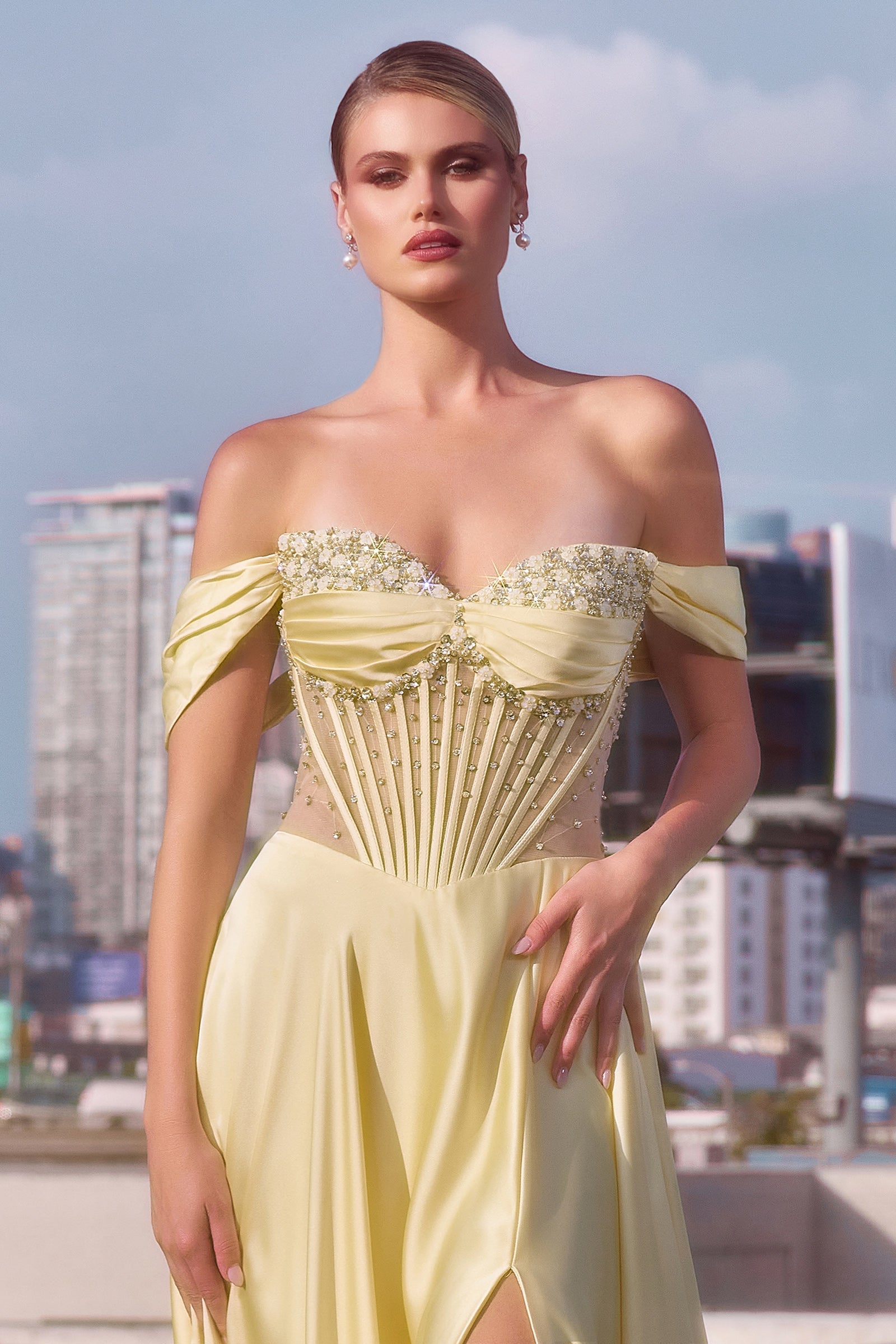Satin Off Shoulder A-line Slit Gown by Ladivine CD297