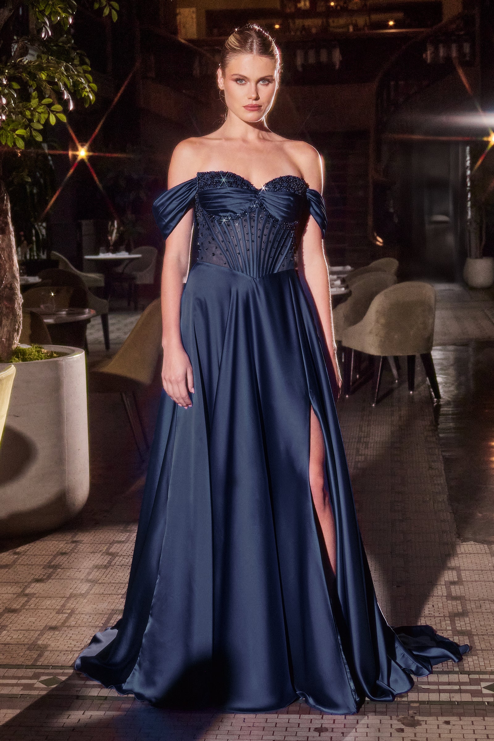 Satin Off Shoulder A-line Slit Gown by Ladivine CD297 Cinderella Divine