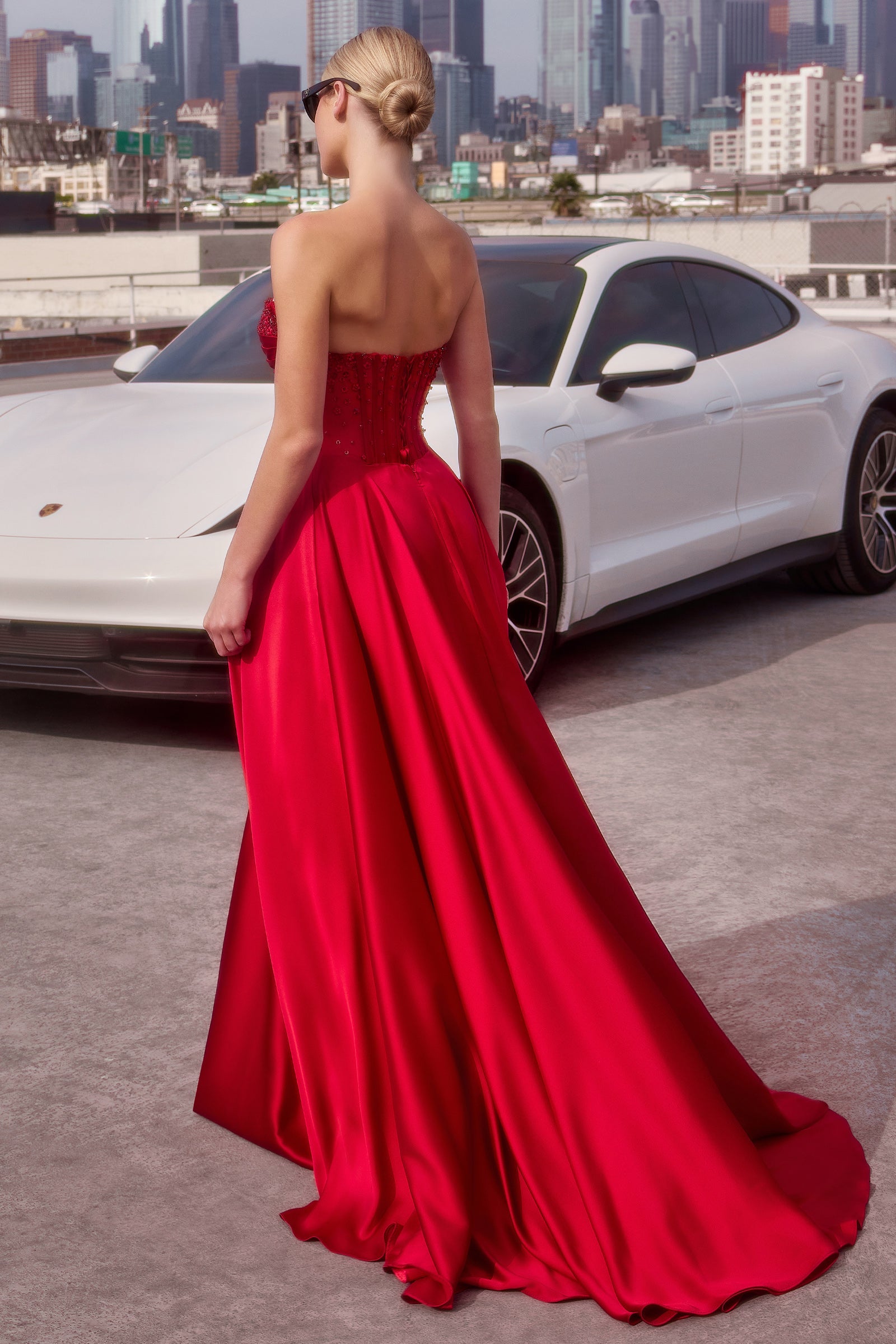 Satin Off Shoulder A-line Slit Gown by Ladivine CD297