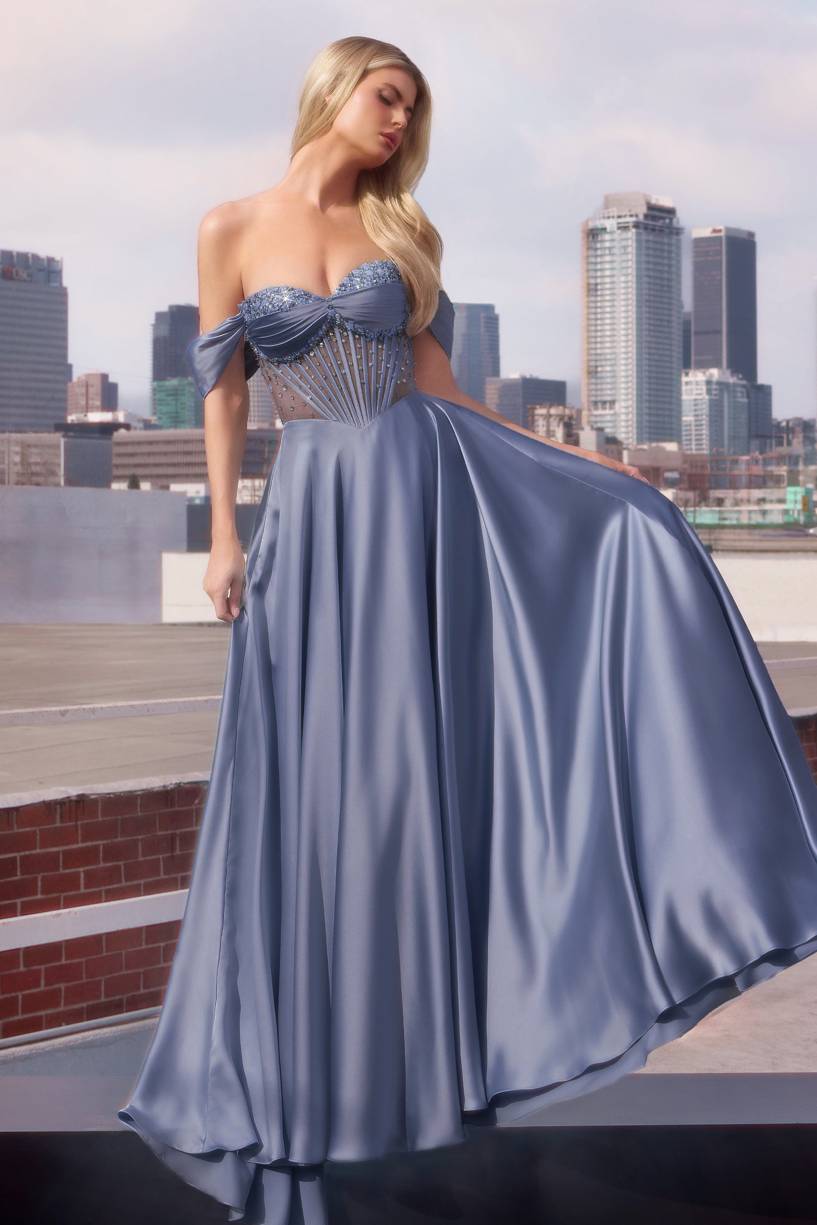 Satin Off Shoulder A-line Slit Gown by Ladivine CD297 Cinderella Divine