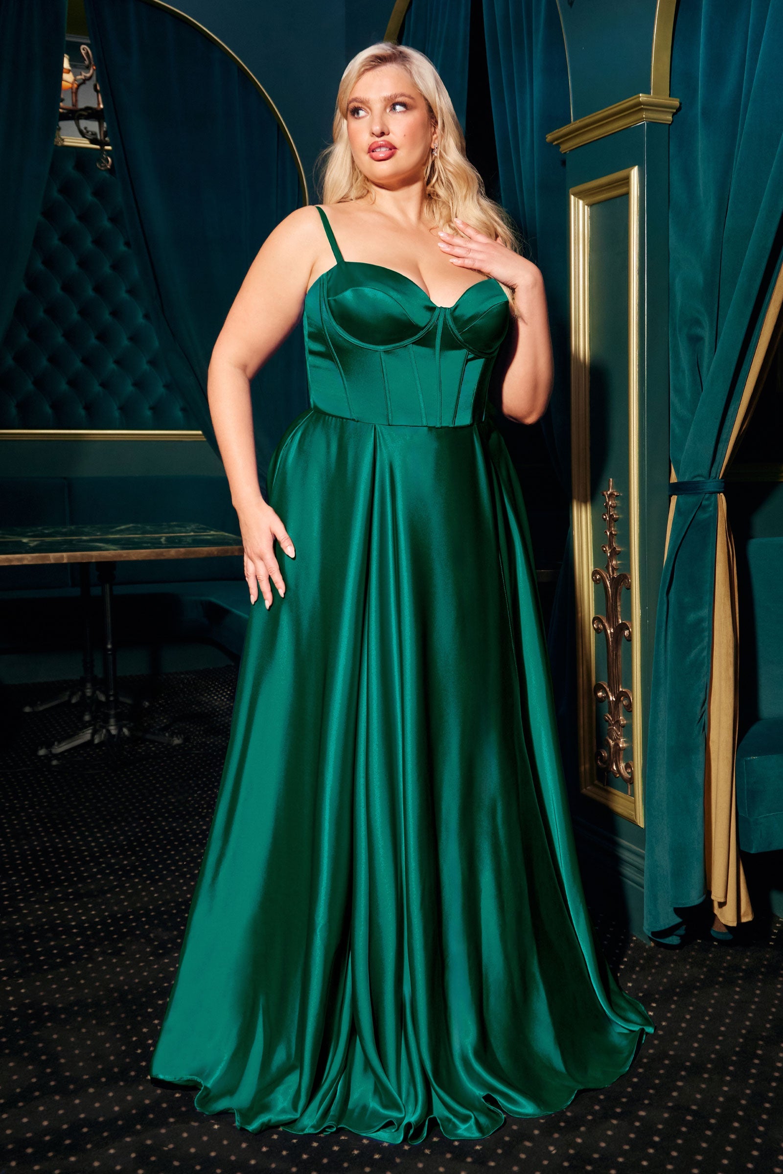 Plus Size Satin Corset A-line Slit Gown by Ladivine CD337C Cinderella Divine