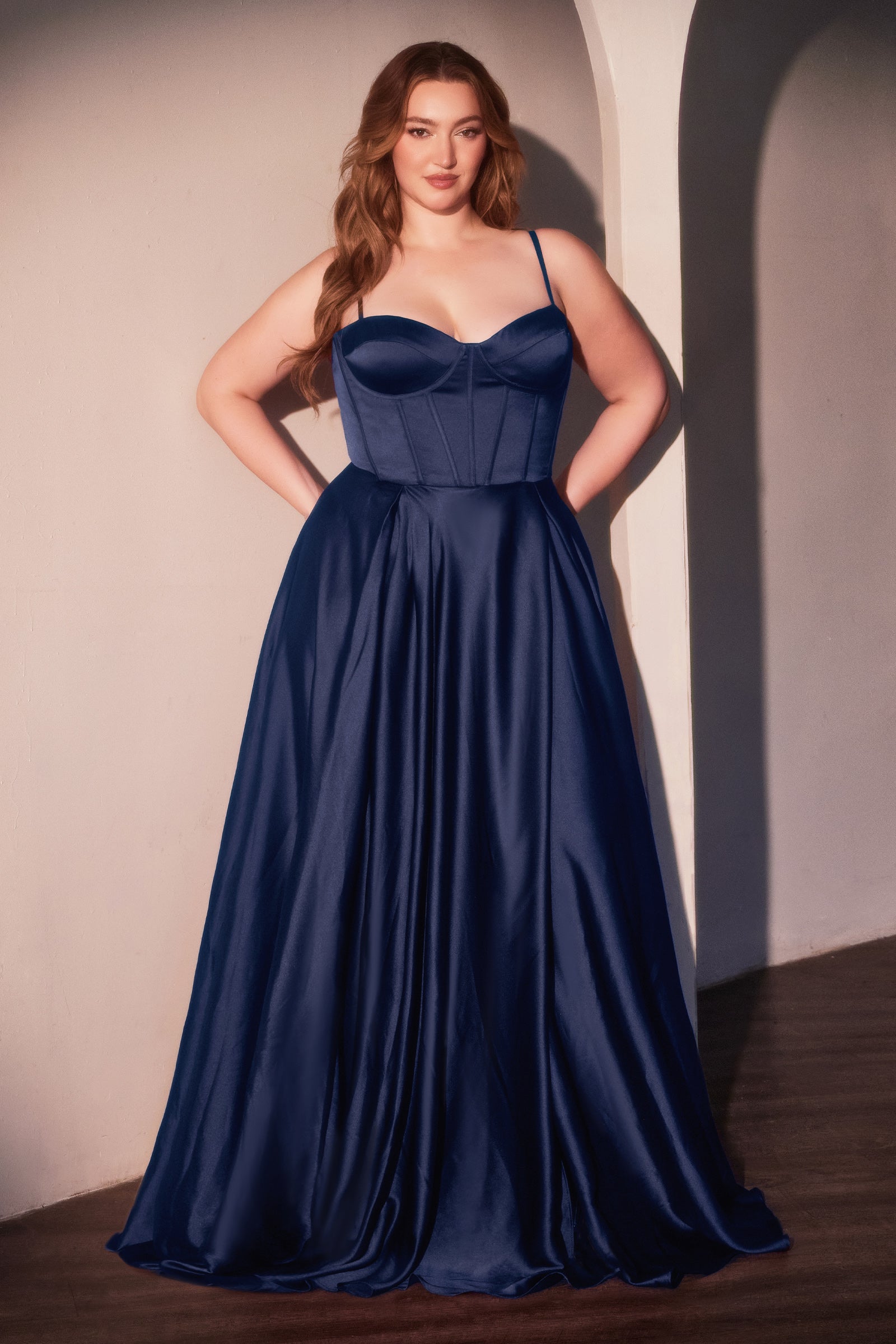 Plus Size Satin Corset A-line Slit Gown by Ladivine CD337C Cinderella Divine