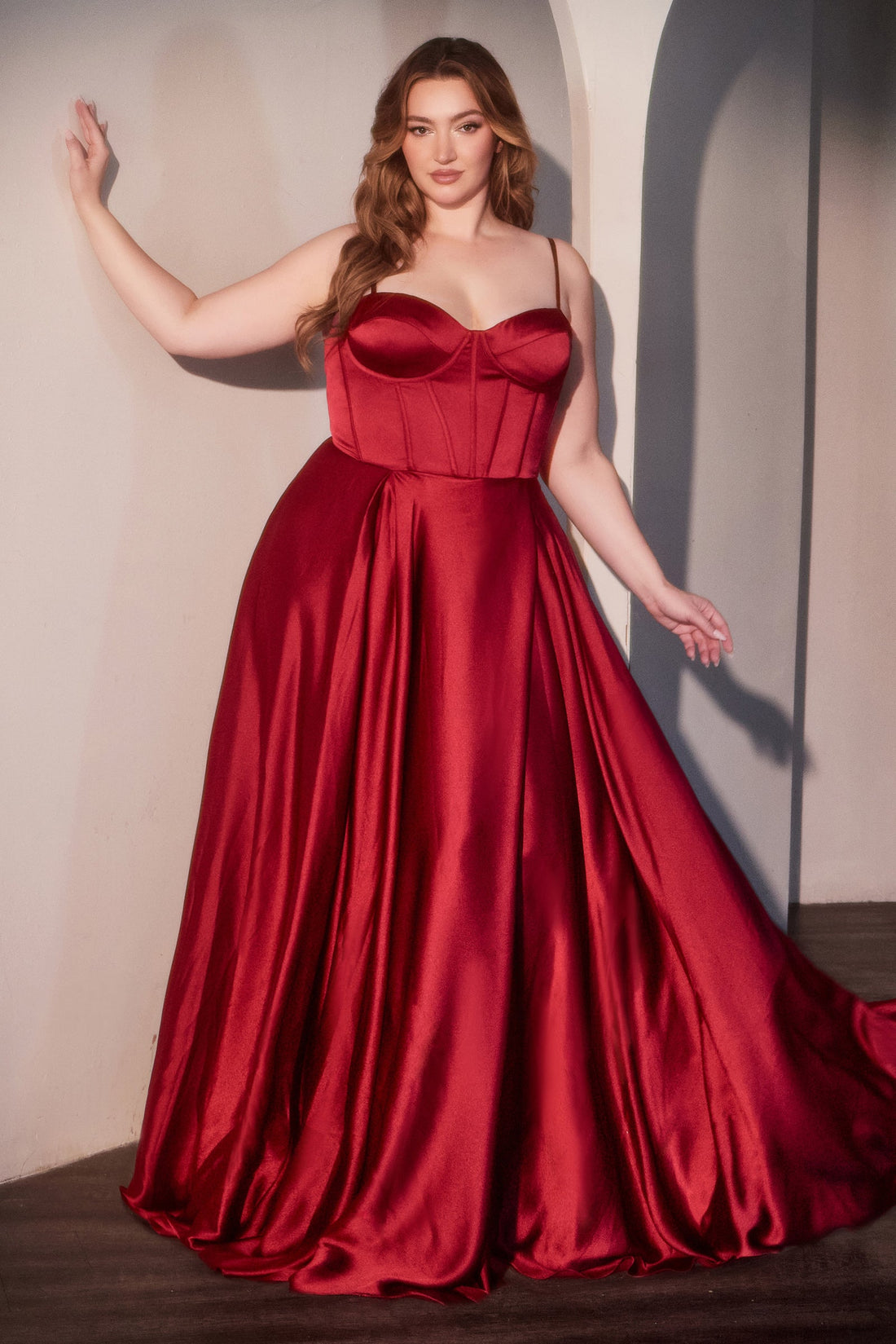 Plus Size in satijn Corset A-Line Slit Gown | Ladivine by Cinderella Divine - Style LACD337C