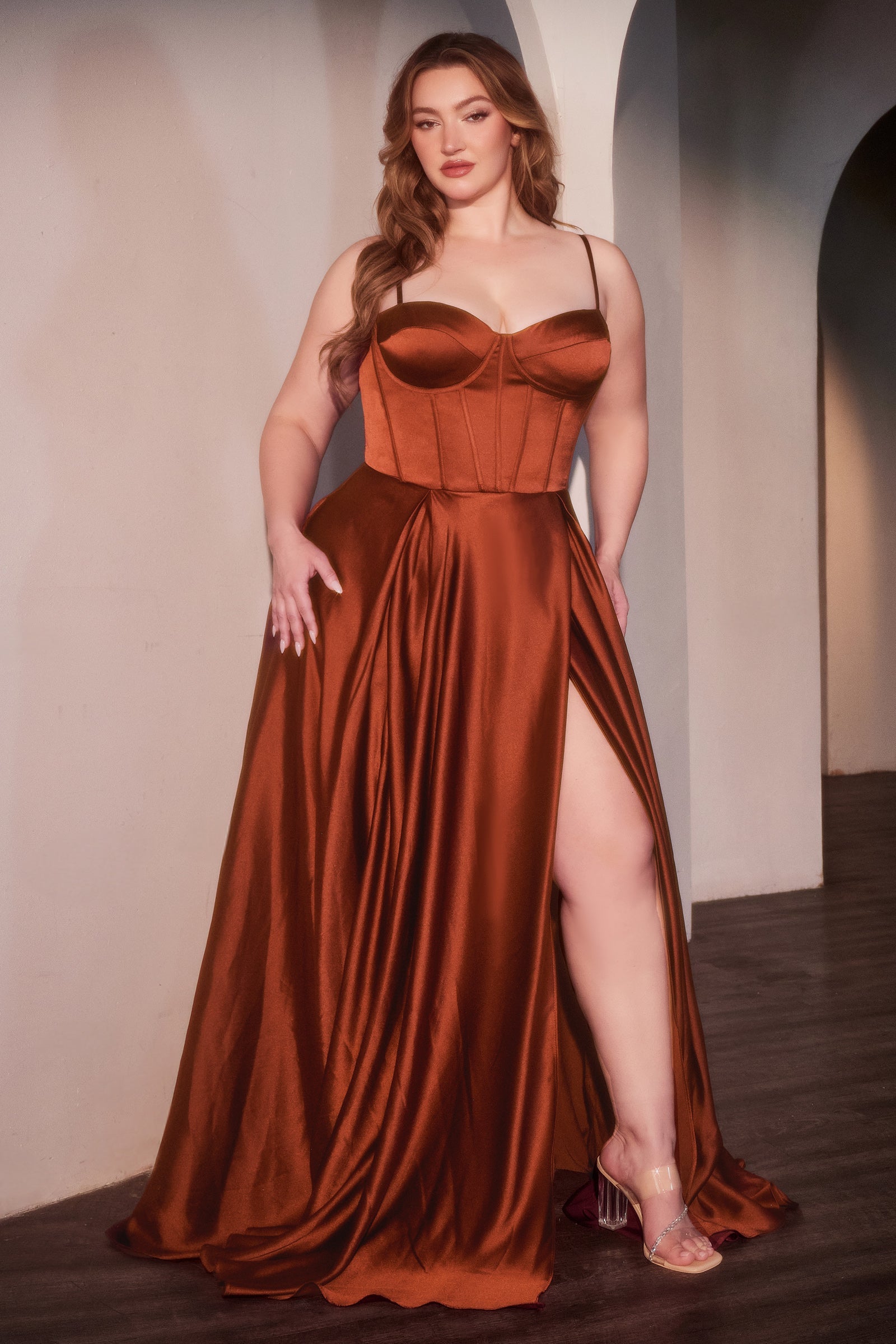 Plus Size Satin Corset A-line Slit Gown by Ladivine CD337C Cinderella Divine
