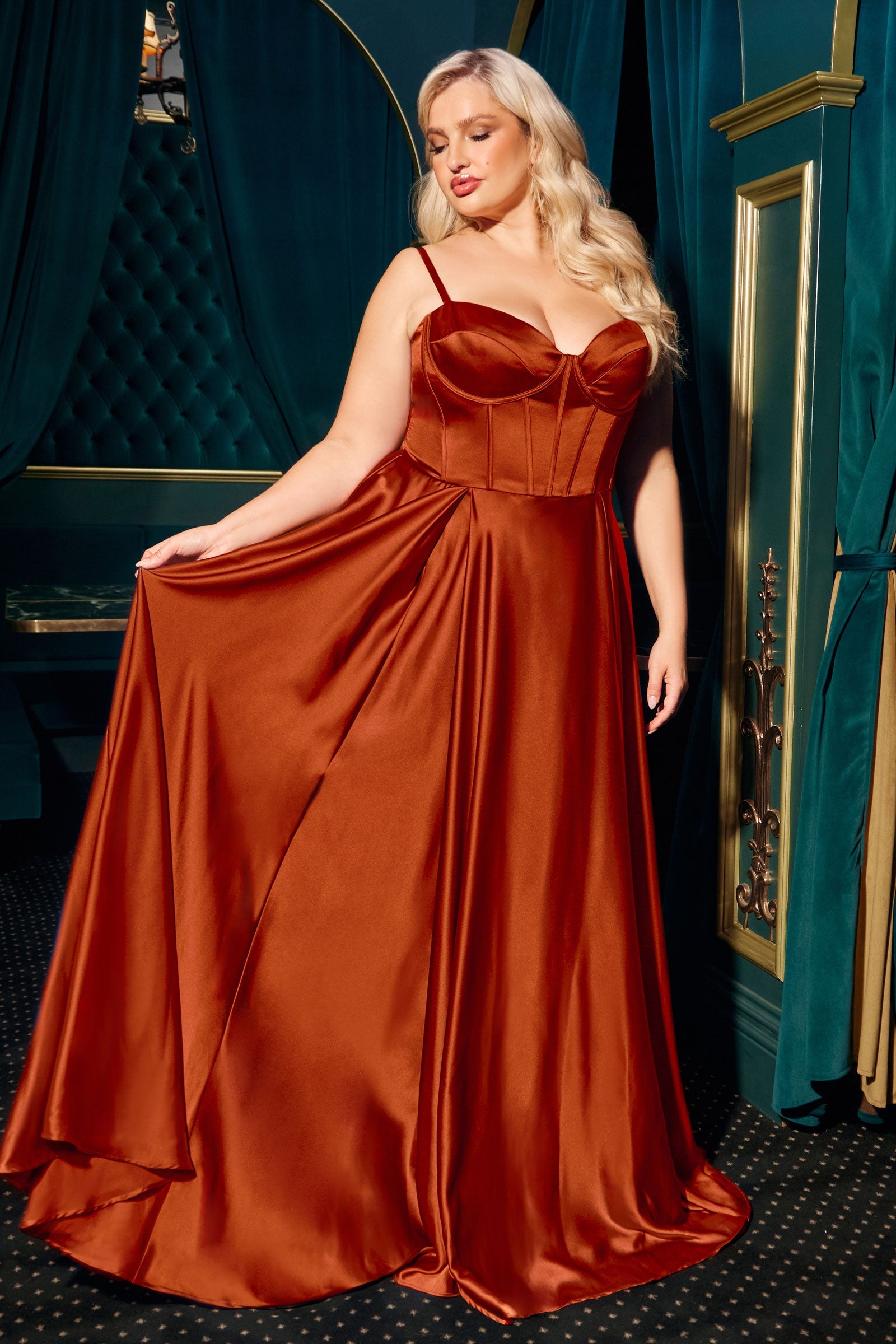 Plus Size Satin Corset A-line Slit Gown by Ladivine CD337C Cinderella Divine