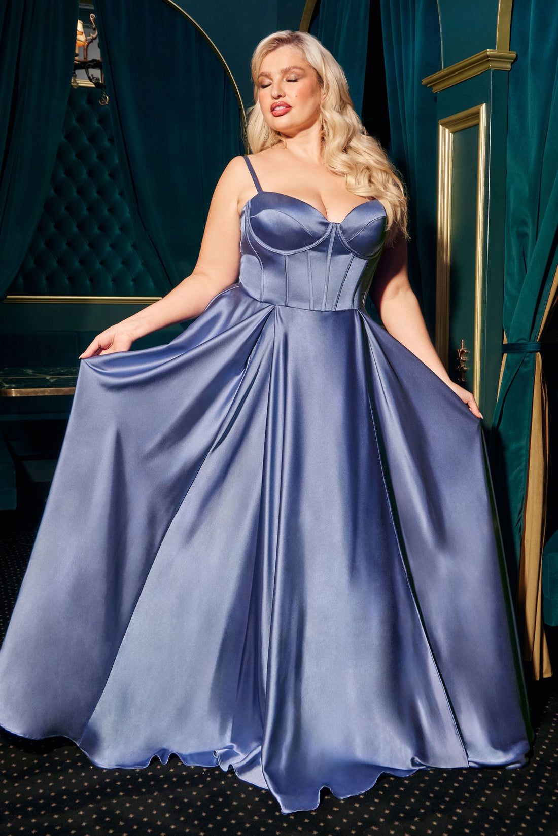 Plus Size Satin Corset A-line Slit Gown by Ladivine CD337C Cinderella Divine