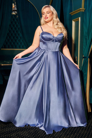 Plus Size Satin Corset A-line Slit Gown by Ladivine CD337C Cinderella Divine