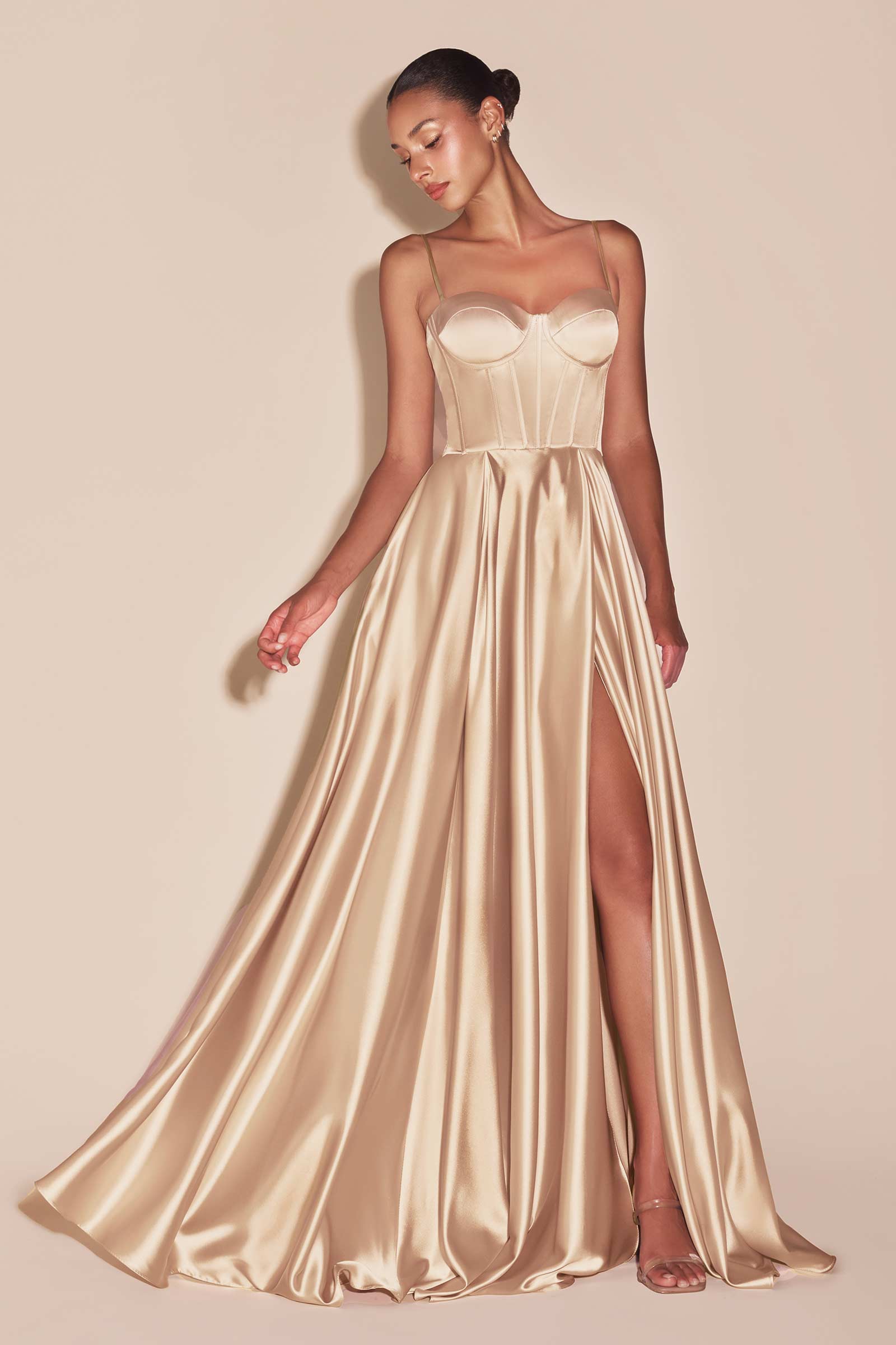 Plus Size Satin Corset A-line Slit Gown by Ladivine CD337C