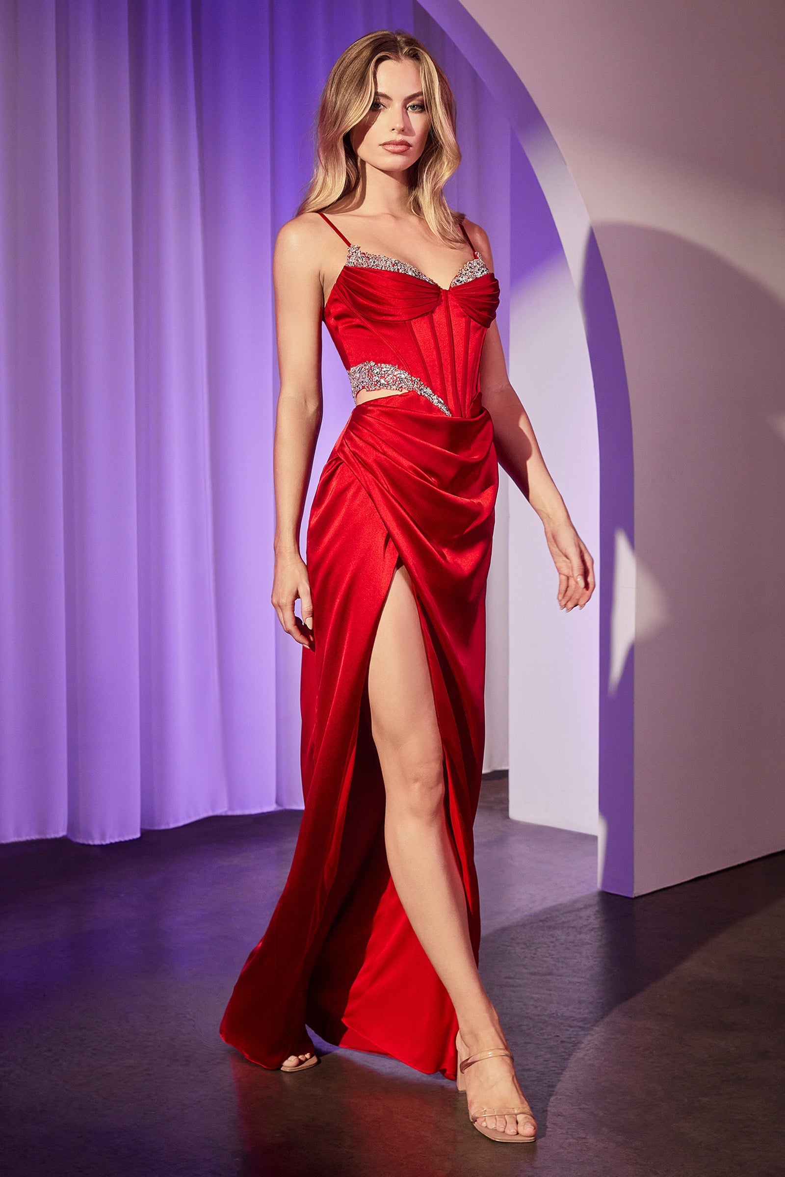 Satin Sleeveless Cutout Slit Gown by Ladivine CD375 Cinderella Divine
