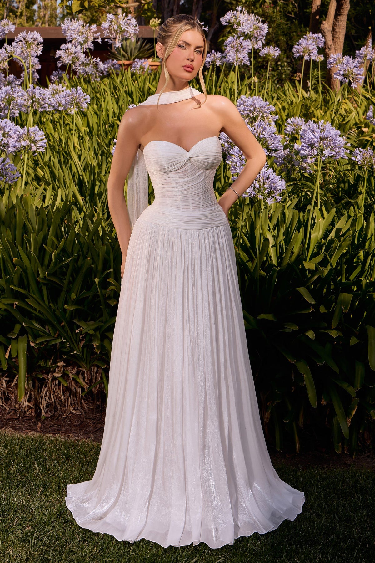 White Chiffon Strapless A-Line Gown | Ladivine CD414W