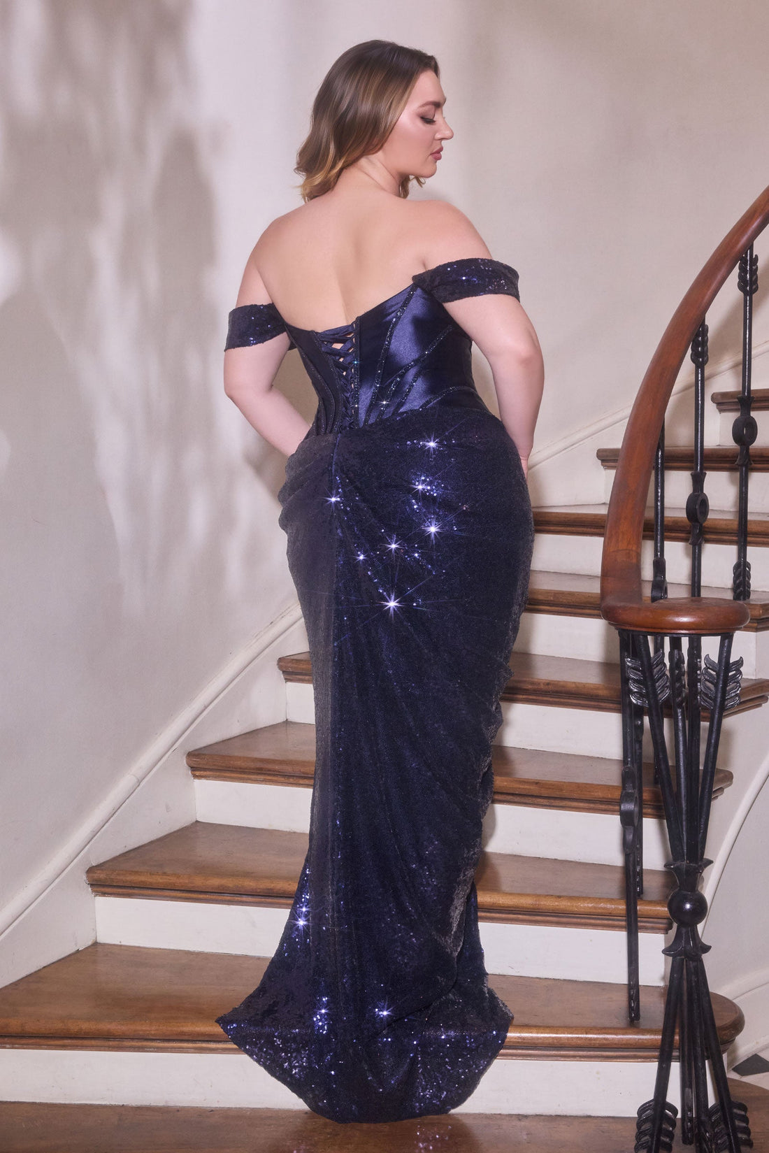 Plus Size Sequin Off Shoulder Gown by Ladivine CD422C