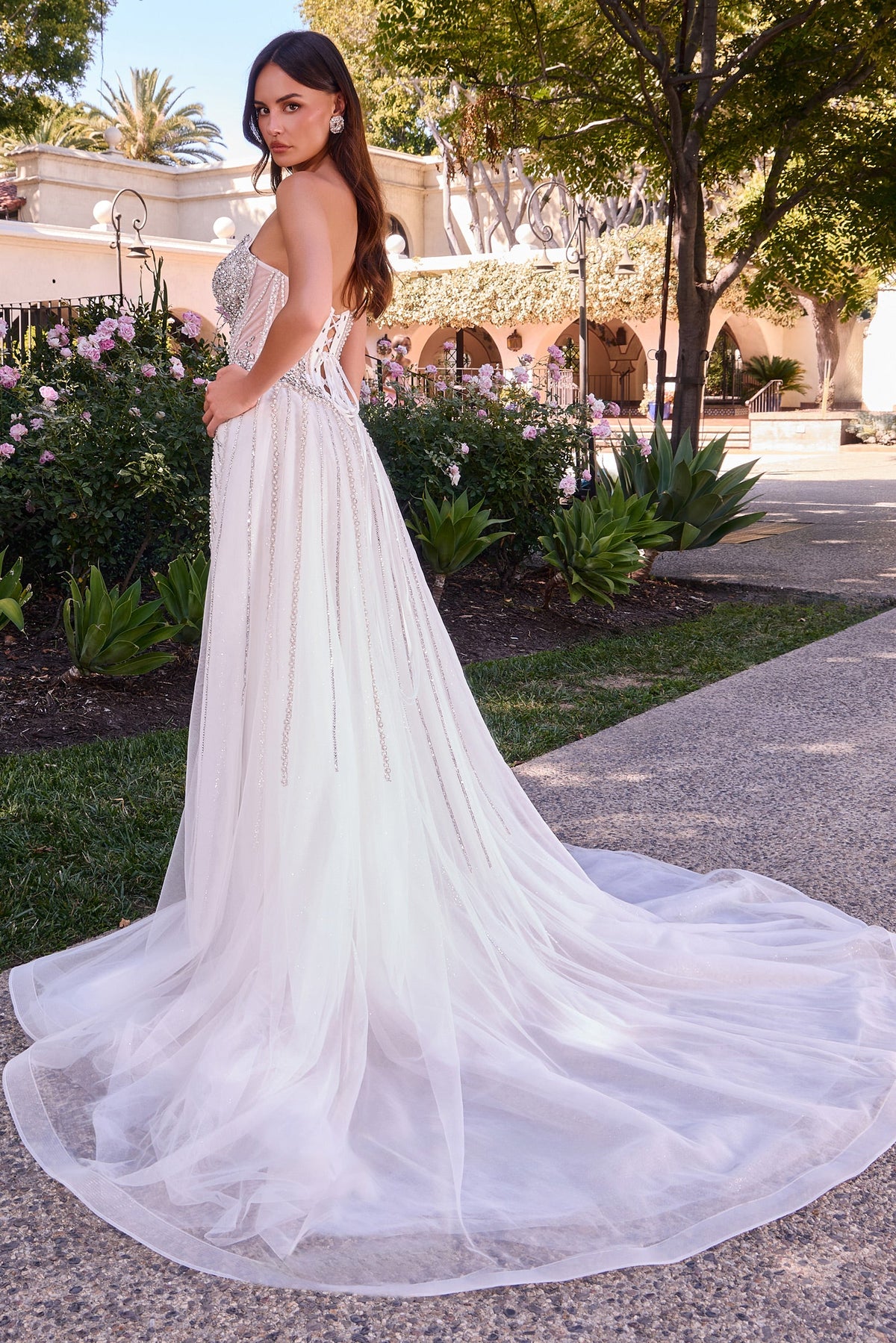 White Strapless Overskirt Formal Gown | Ladivine CD643W