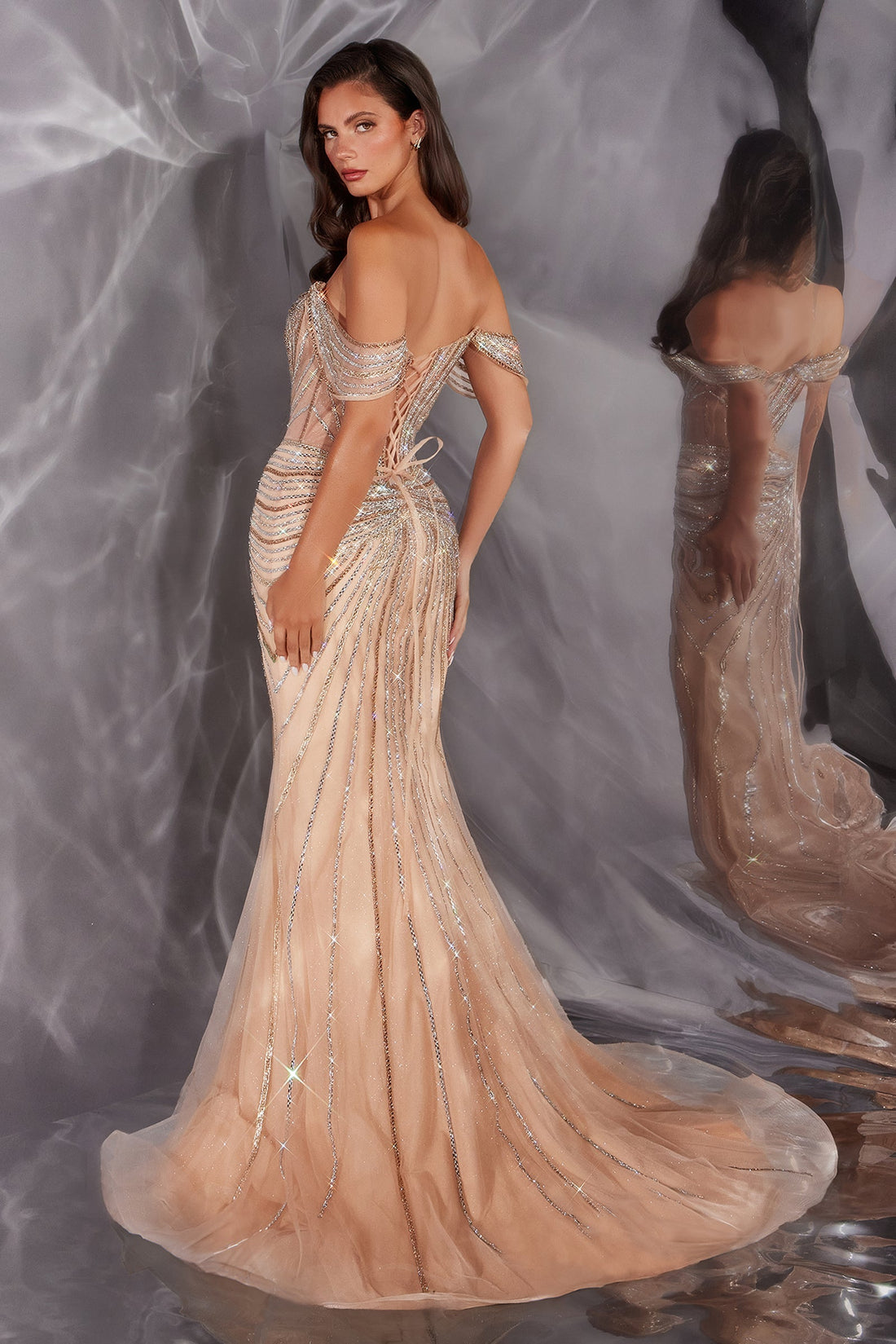 Beaded Fitted Off-the-Shoulder Formal Gown | Ladivine CD654