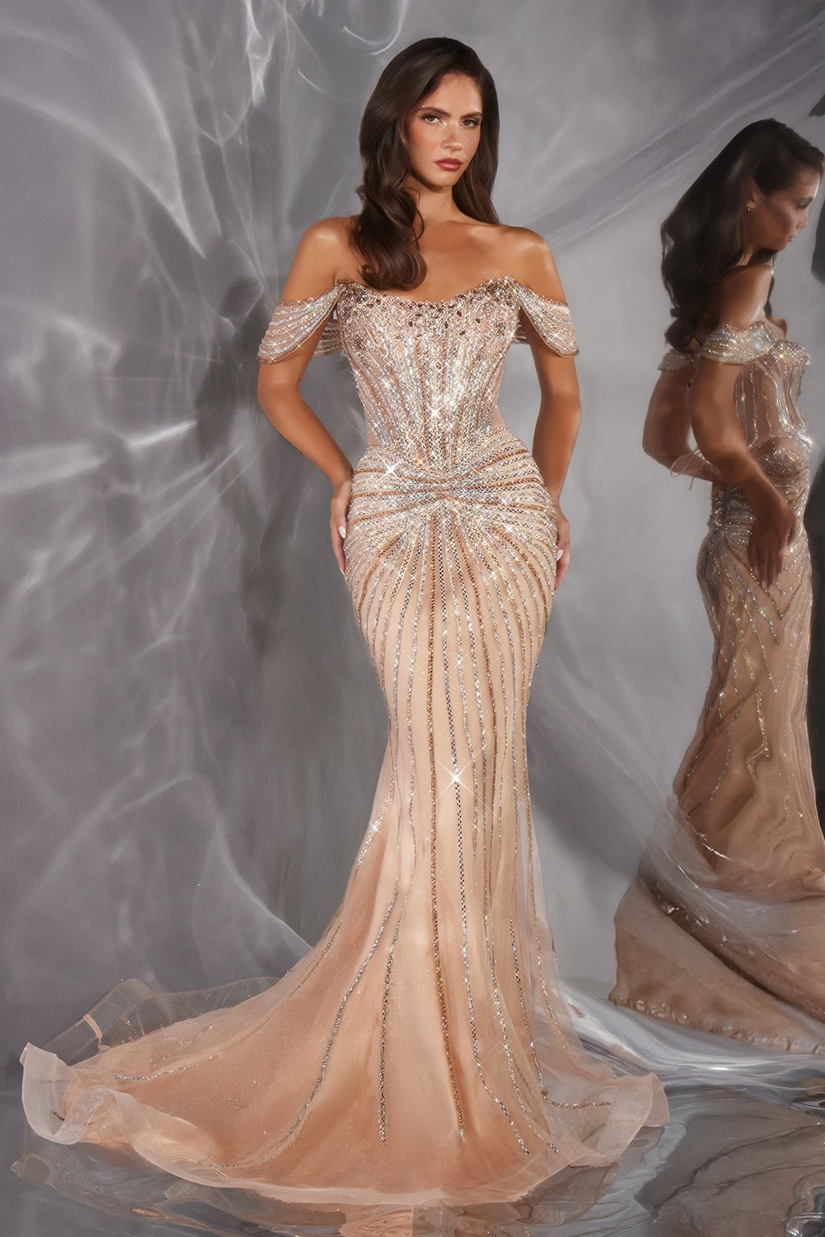Beaded Fitted Off-the-Shoulder Formal Gown | Ladivine CD654