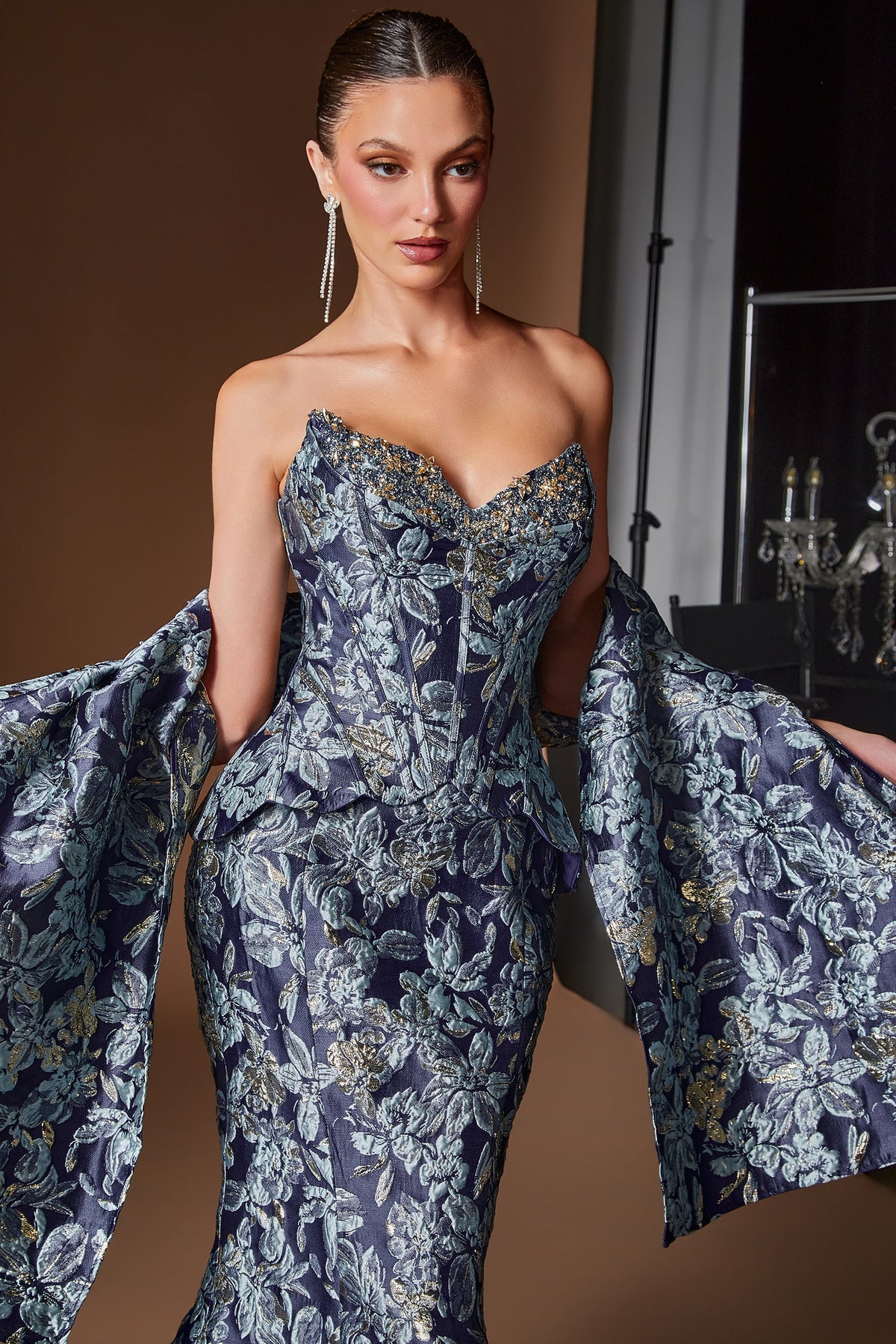 Jacquard Print Fitted Shawl Gown | Ladivine CD655