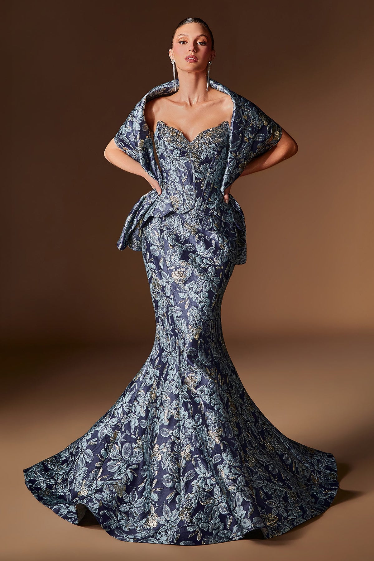 Jacquard Print Fitted Shawl Gown | Ladivine CD655