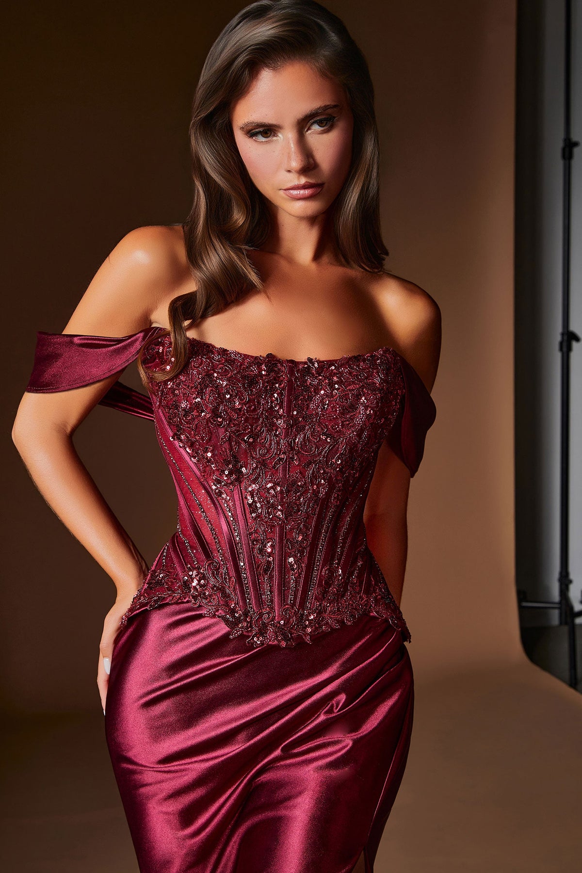 Beaded Satin Off-the-Shoulder Slit Gown | Ladivine CD656