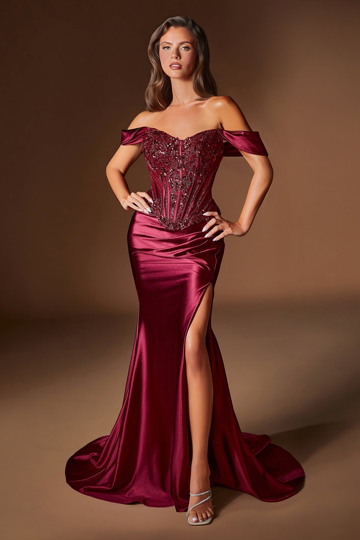 Beaded Satin Off-the-Shoulder Slit Gown | Ladivine CD656