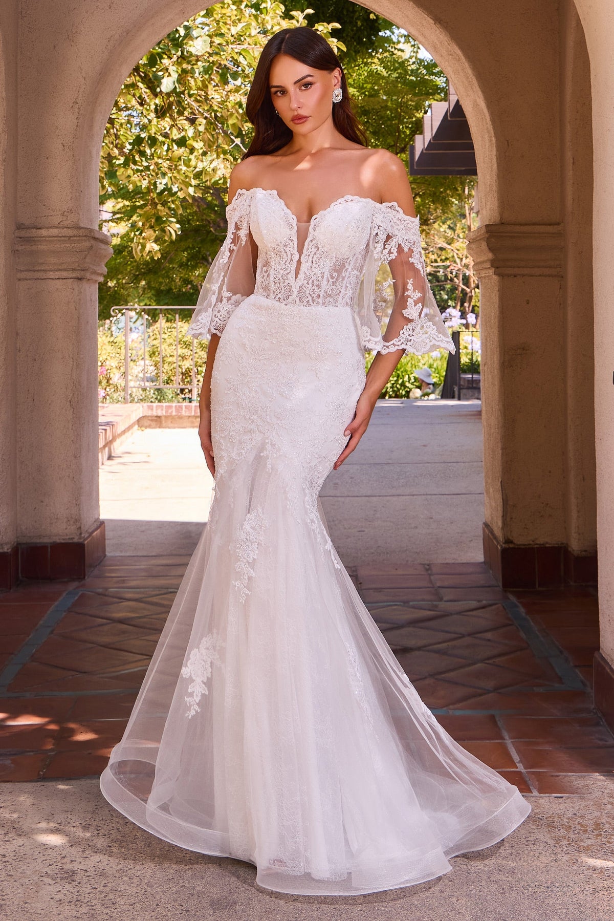 White Off-the-Shoulder Bell Sleeve Gown | Ladivine CD659W