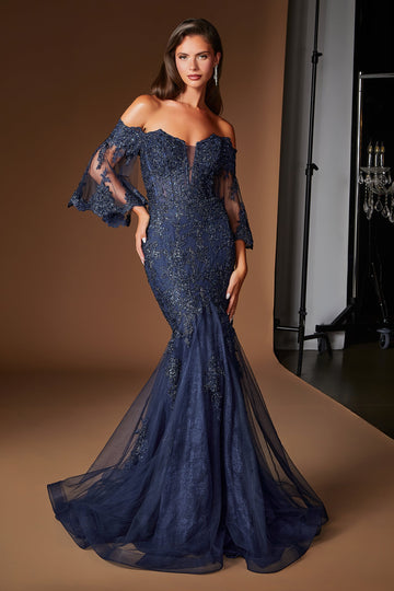 Lace Off-the-Shoulder Bell Sleeve Gown | Ladivine CD659