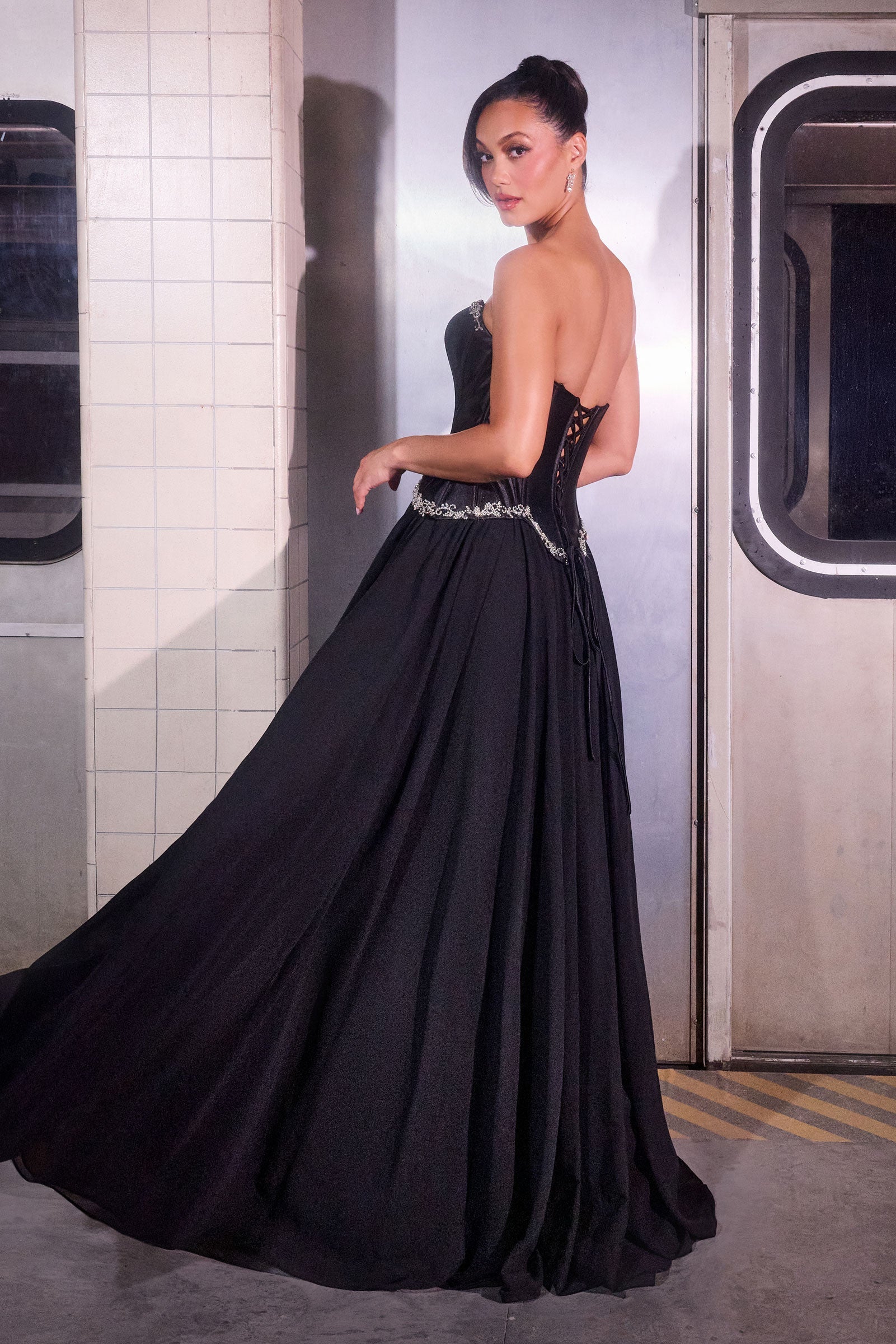 Satin Chiffon Strapless A-line Gown by Ladivine CD668
