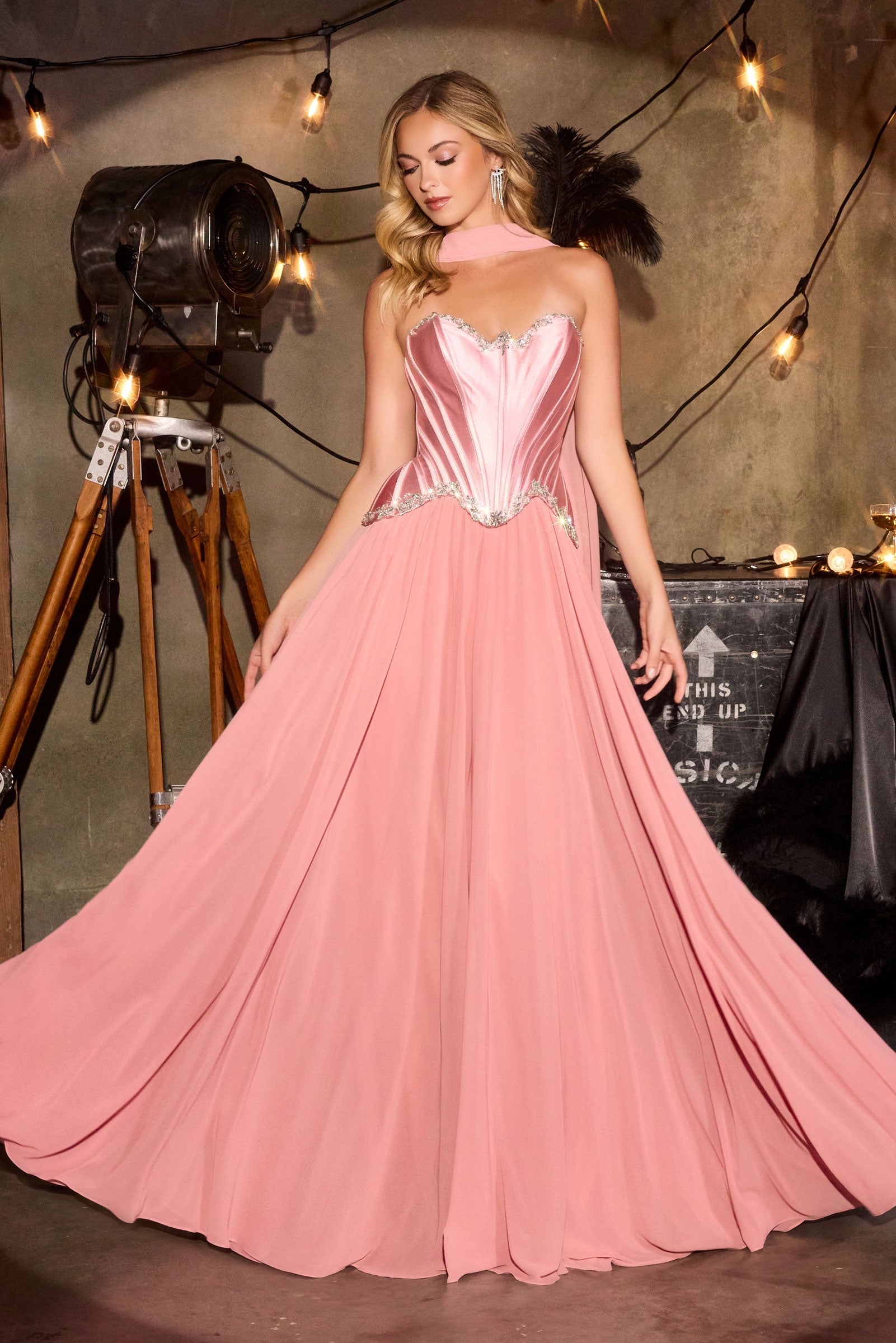 Satin Chiffon Strapless A-line Gown by Ladivine CD668
