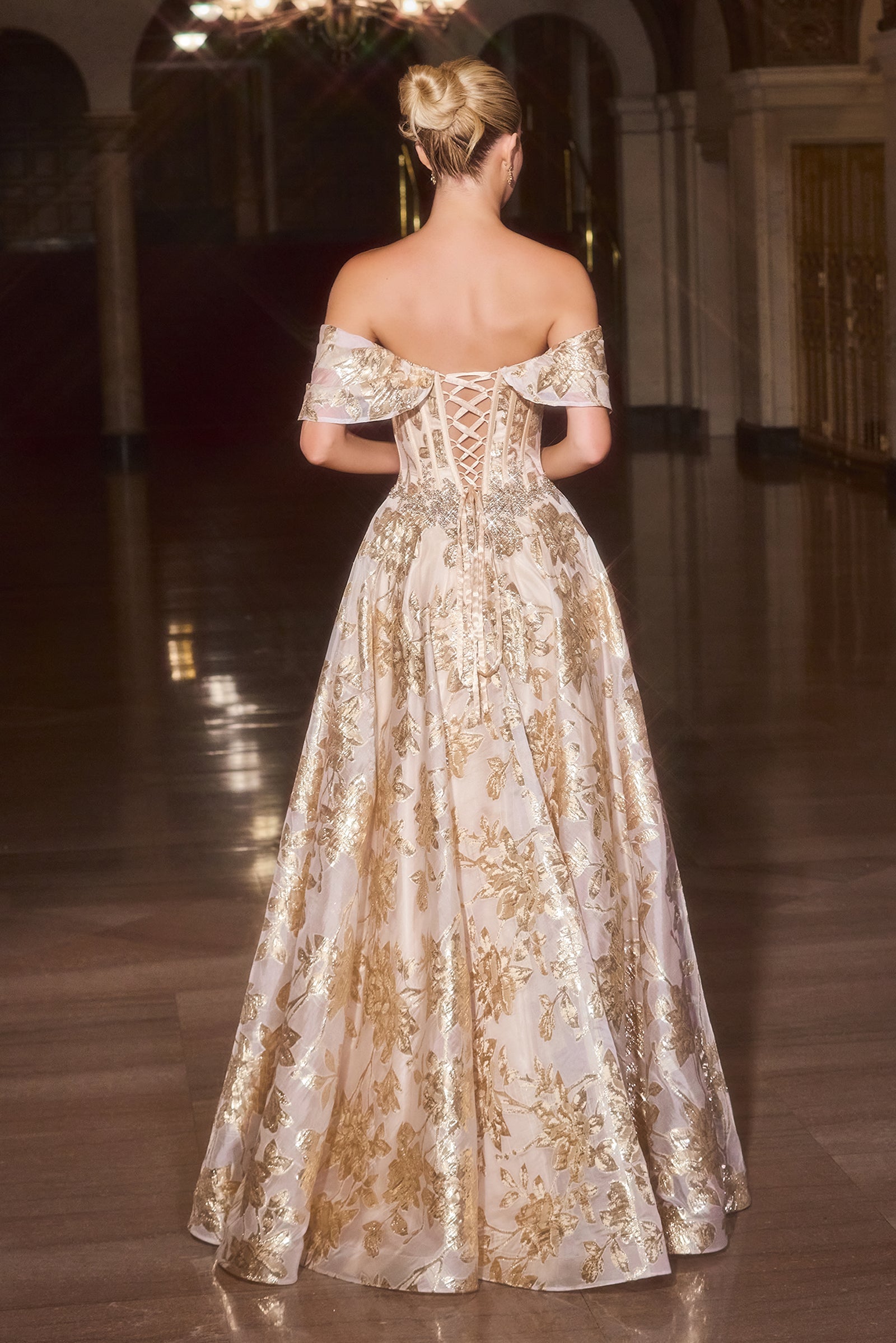 Jacquard Off Shoulder Ball Gown by Ladivine CD682