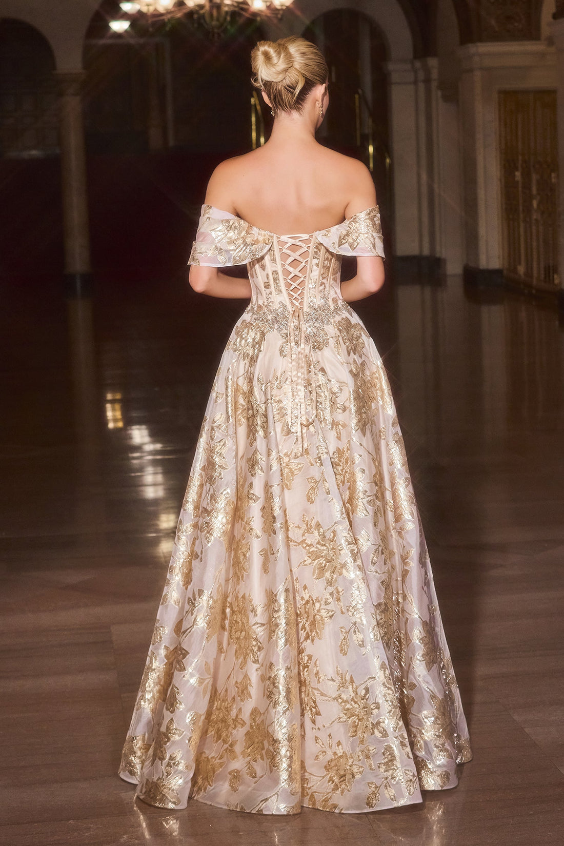 Jacquard Off Shoulder Ball Gown by Ladivine CD682