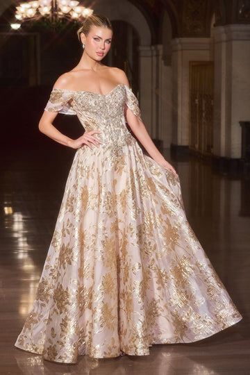 Jacquard Off Shoulder Ball Gown by Ladivine CD682
