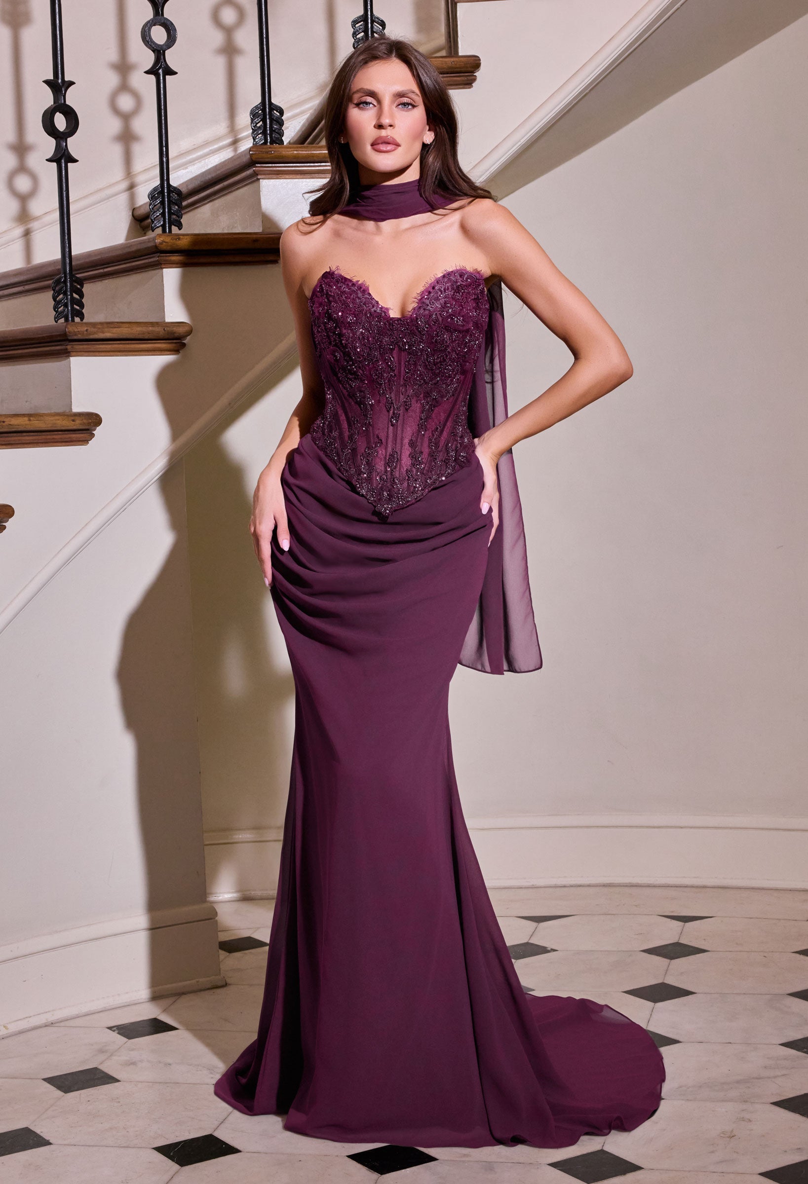 Fitted Lace Bodice Strapless Gown by Ladivine CD683