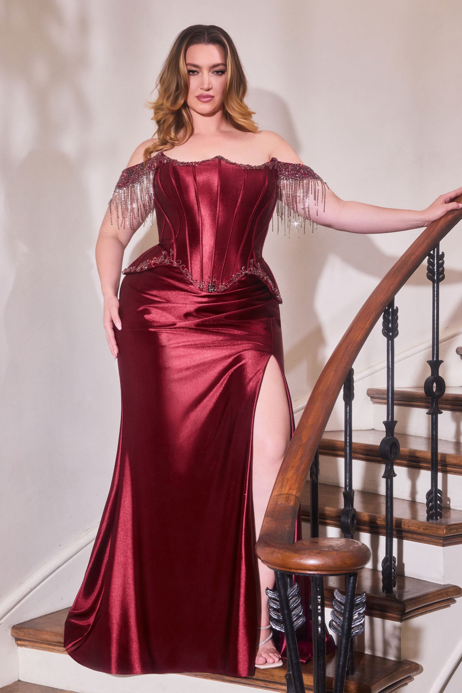 Off Shoulder Fringe Slit Gown by Ladivine CD688