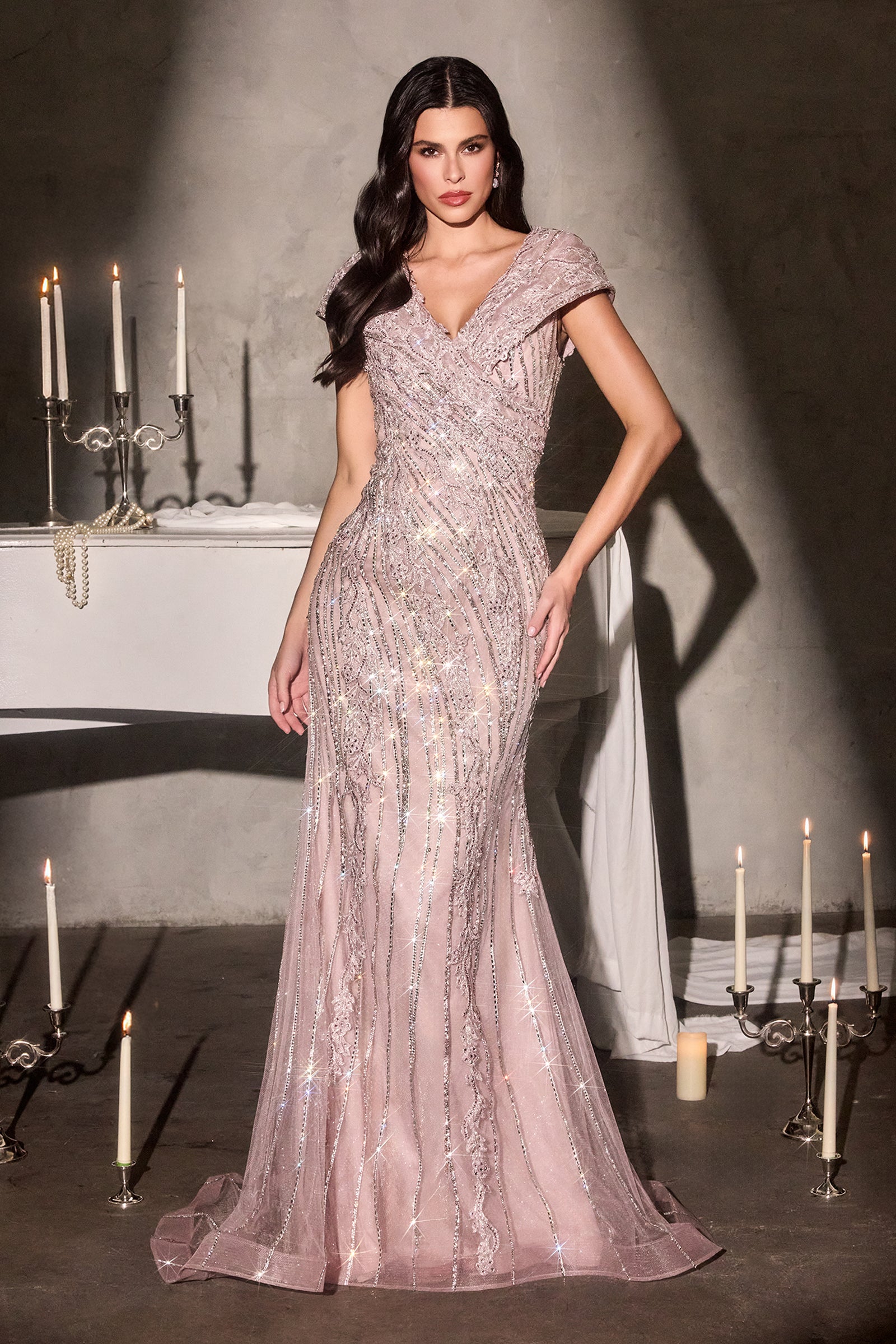 Beaded Fitted Cap Sleeve Gown by Ladivine CD698