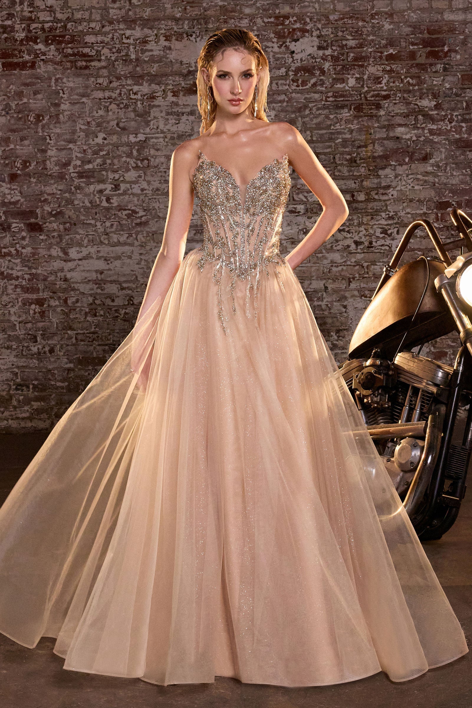 Beaded Strapless A-line Gown by Ladivine CD721