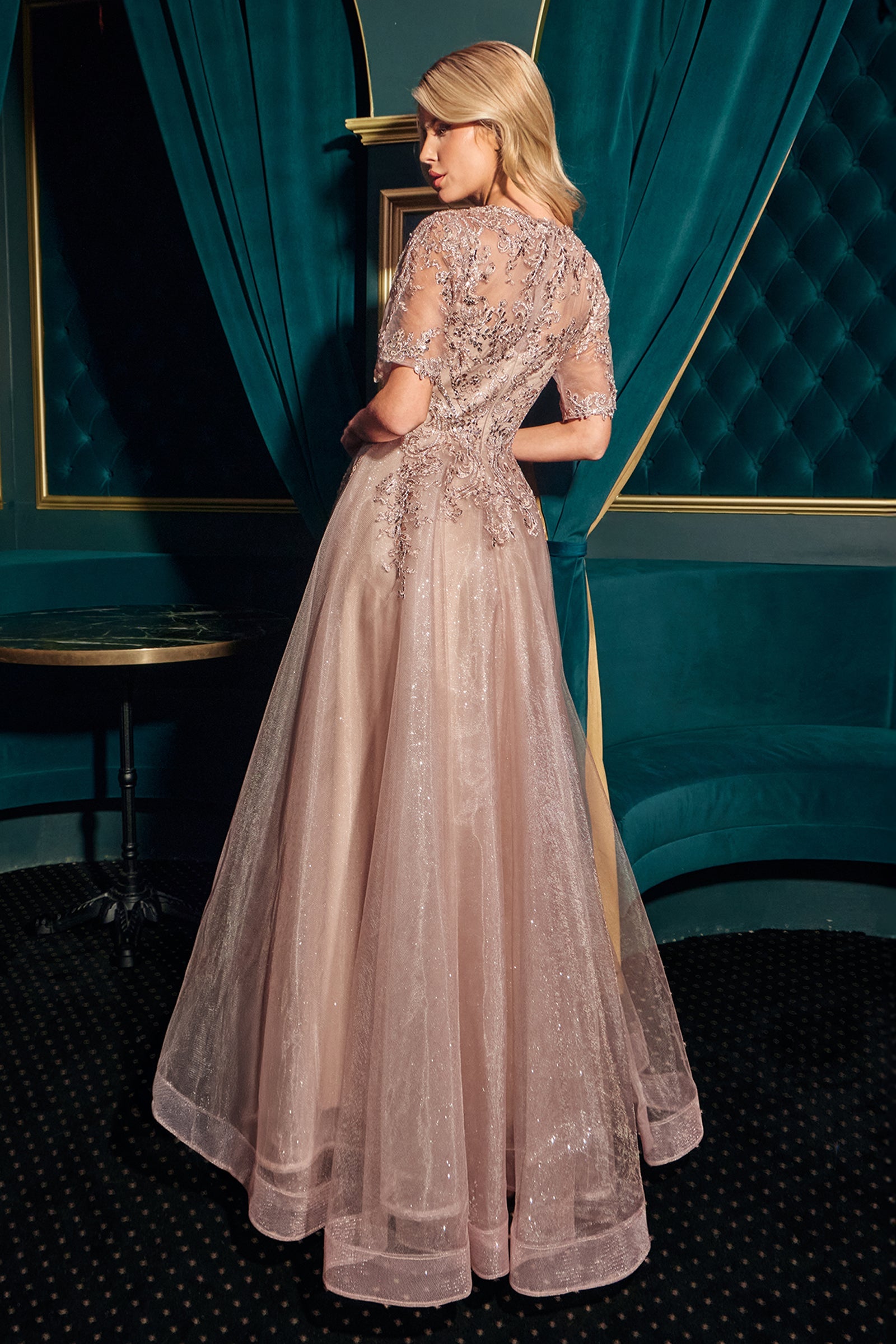 Applique Short Sleeve A-line Gown by Ladivine CD726