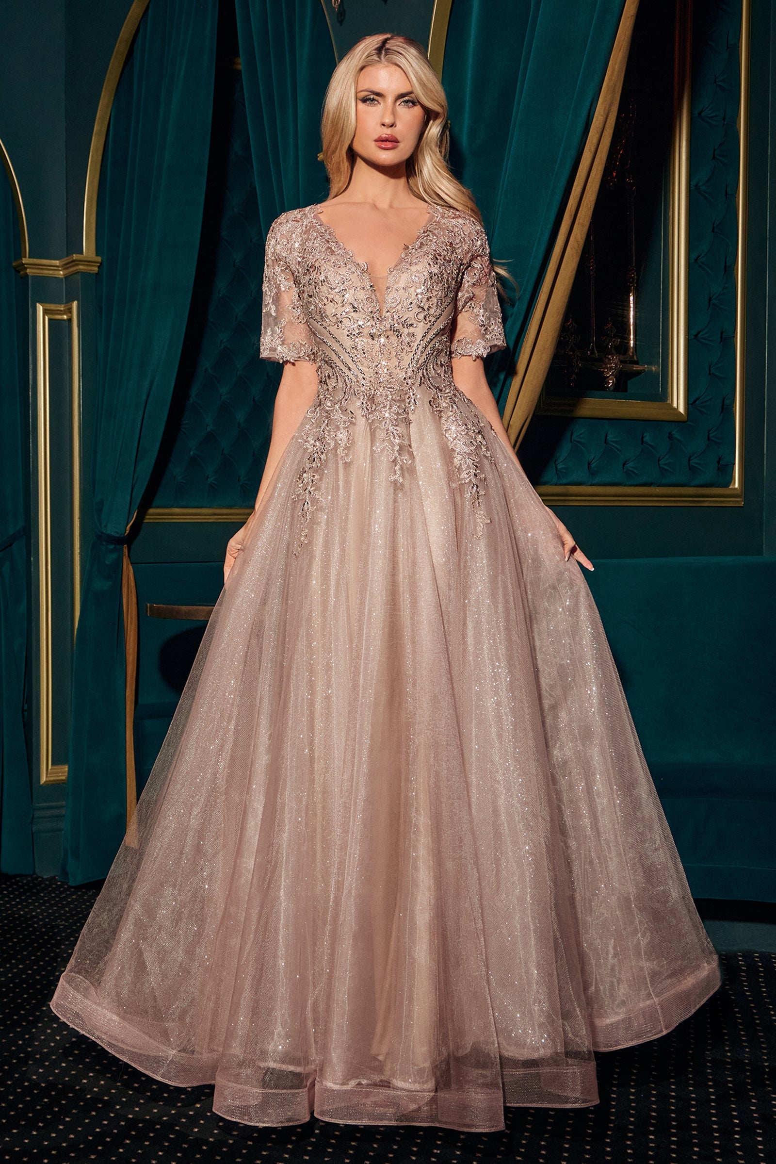 Applique Short Sleeve A-line Gown by Ladivine CD726 Cinderella Divine