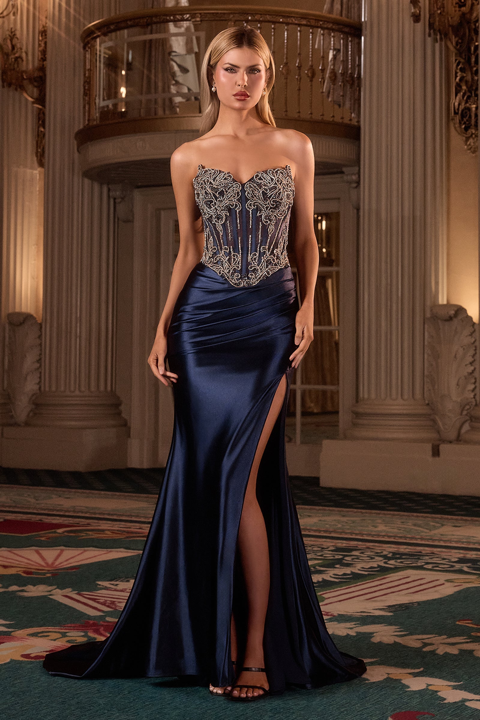 Applique Satin Strapless Gown by Ladivine CD736 Cinderella Divine